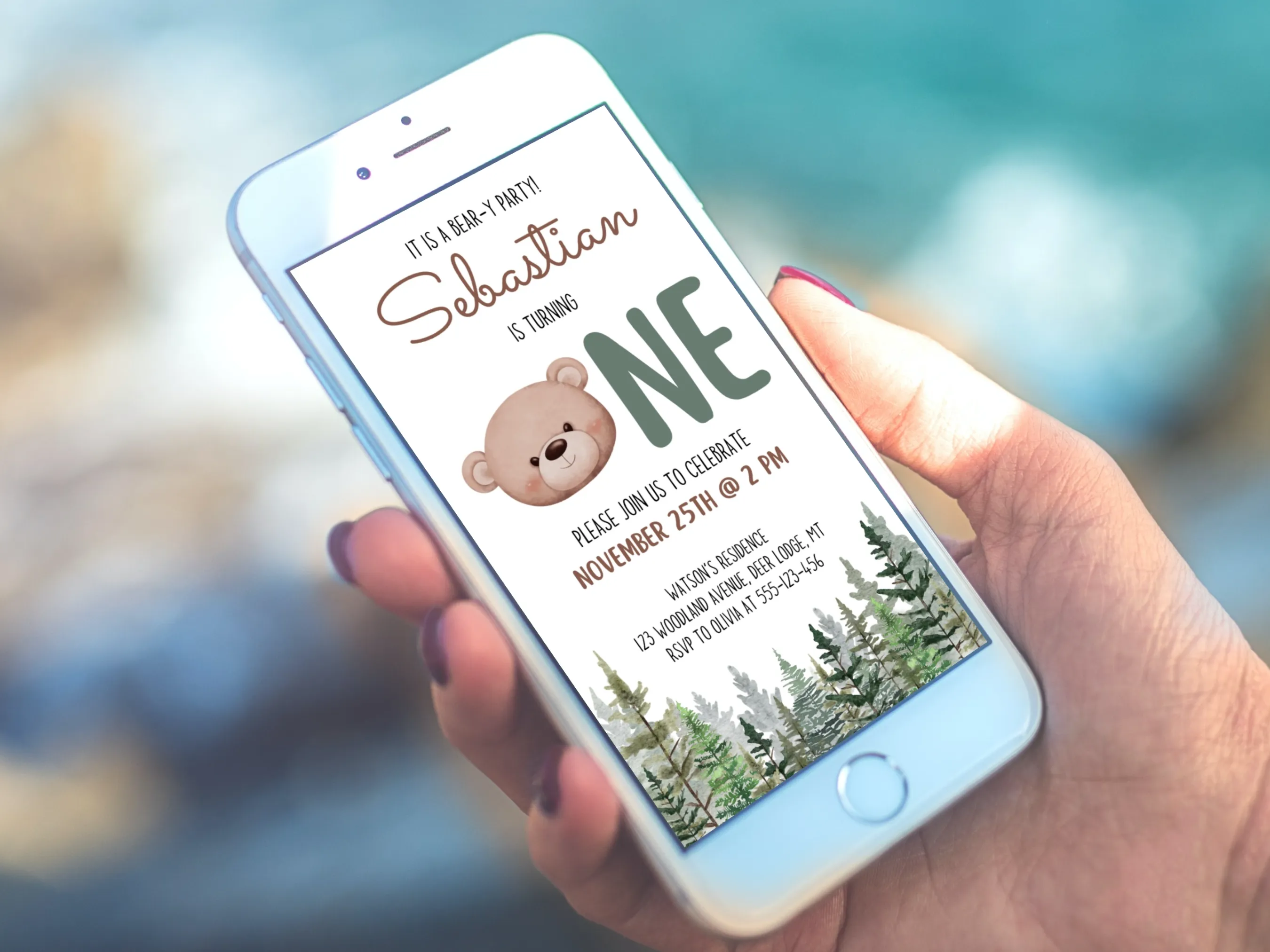 Woodland Brown Bear Birthday Evite | Teddy Bear Party Mobile Invitation | Editable Canva Template | Digital Download