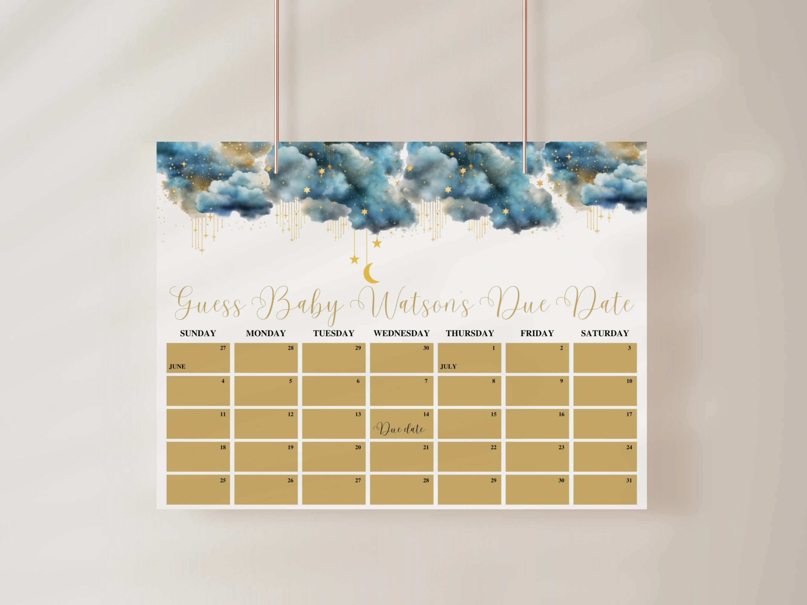 twinkle little star baby due date calendar moon stars blue gold prediction game canva template digital download, moon stars baby shower prediction game blue gold decorations canva template