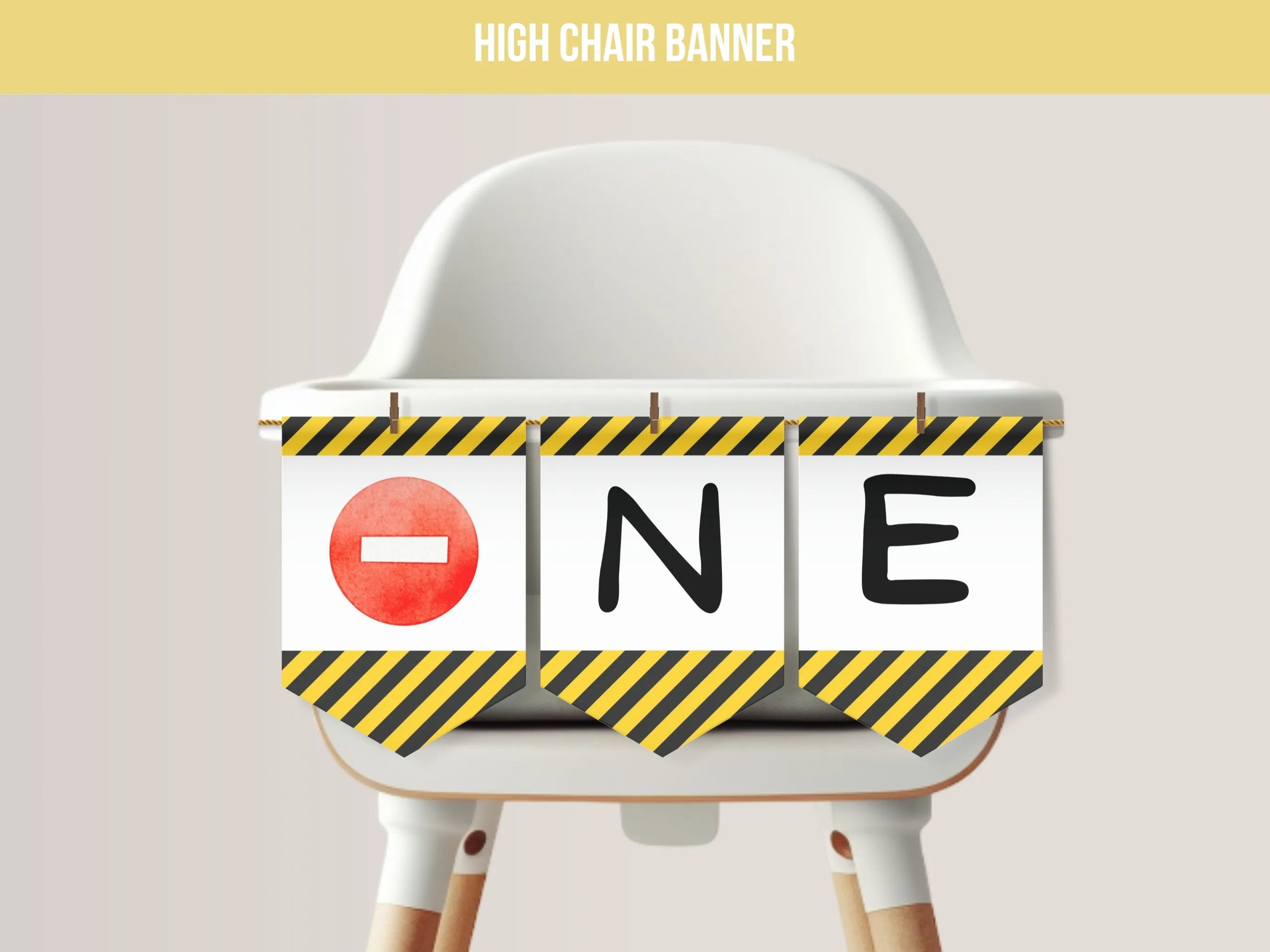 Construction birthday high chair banner with excavator and ONE lettering for a first birthday, editable Canva template digital download by fllcdesigns