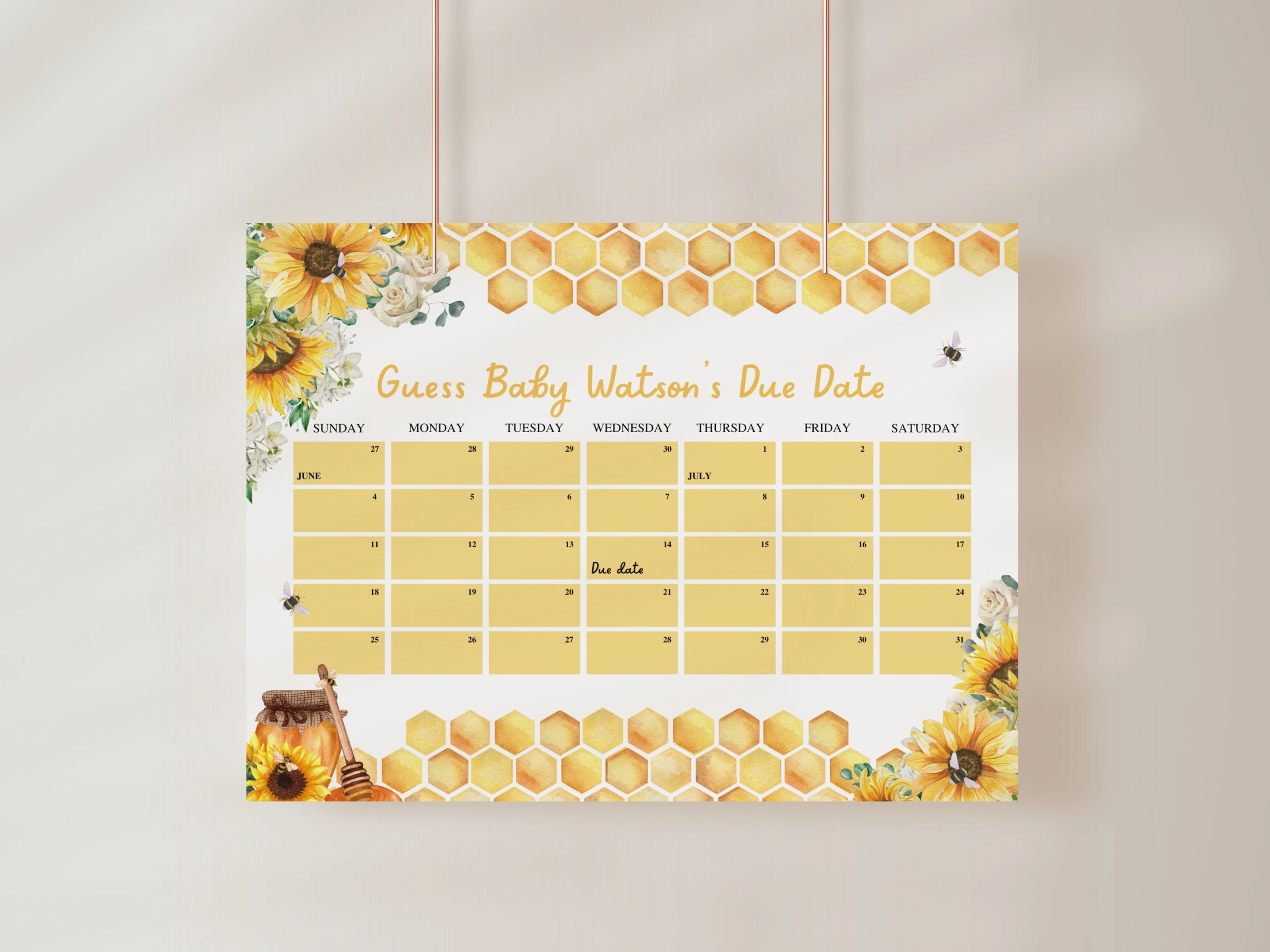honey bee baby due date calendar sunflower yellow bumble bee prediction game canva template digital download, sunflower bumble bee baby shower prediction game spring decorations canva template