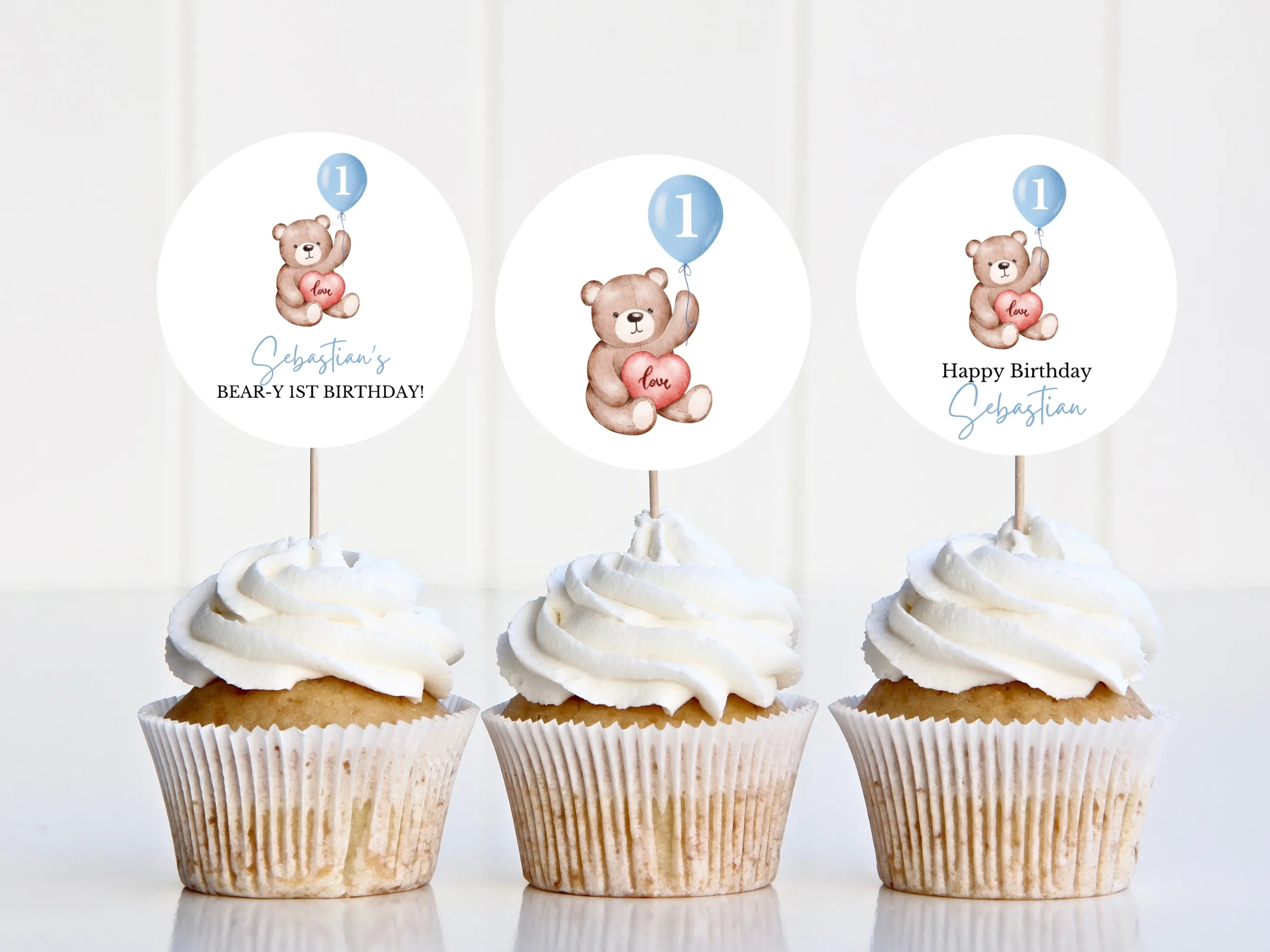 Cute teddy bear cupcake toppers for Beary First Birthday with matching “One” cake topper, editable Canva template by fllcdesigns