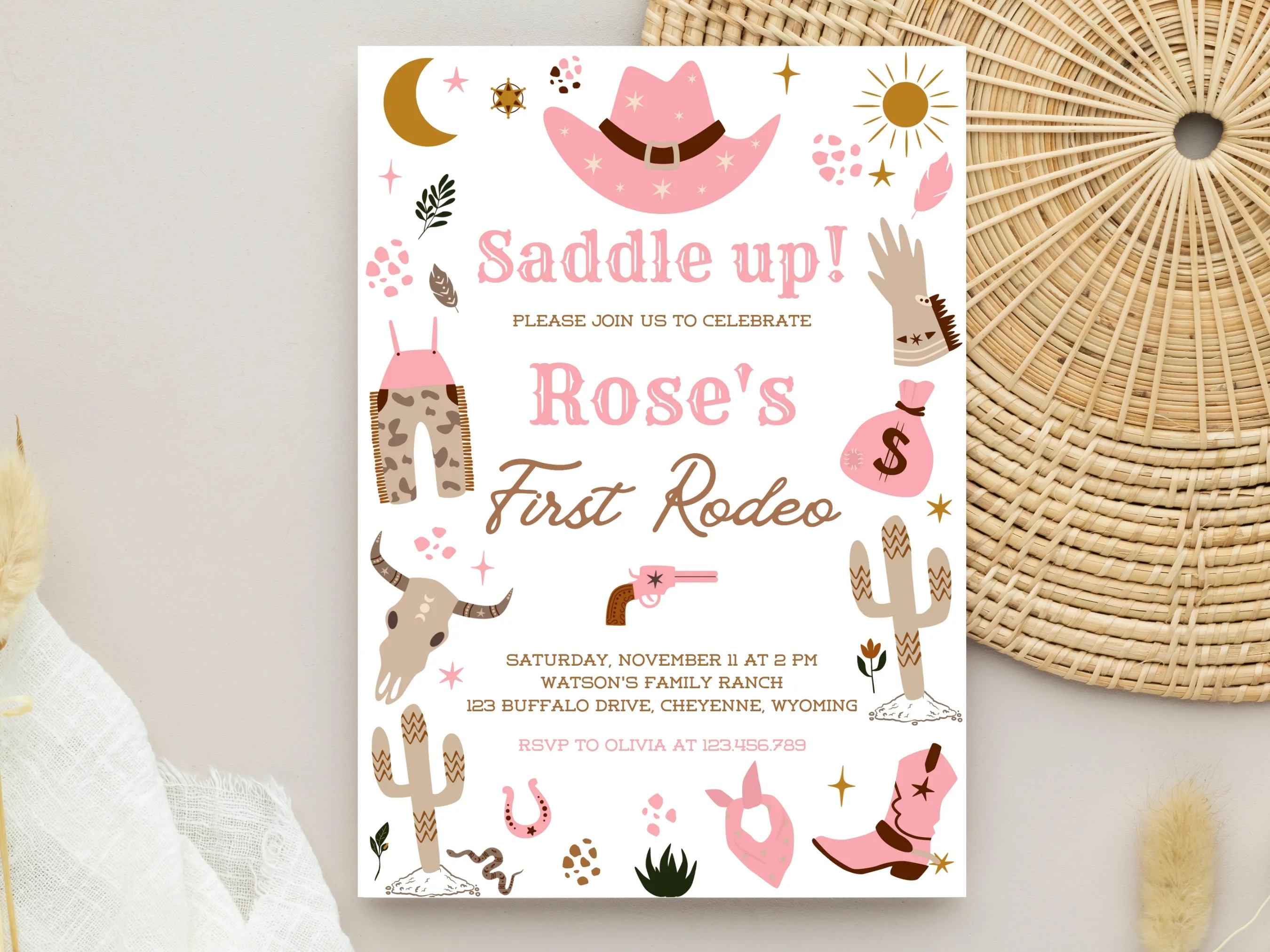 My First Rodeo birthday invitation with cowgirl western theme, editable Canva template for girls’ rodeo party, digital download.