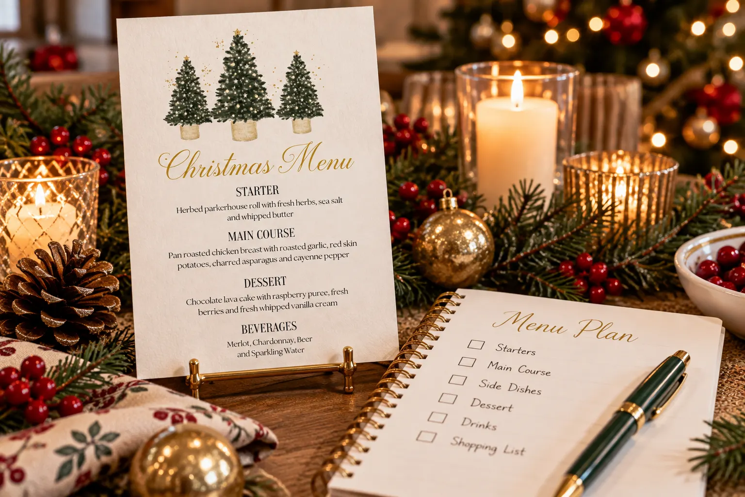 Christmas menu planning setup with festive menu card, checklist, candles, greenery and holiday decorations