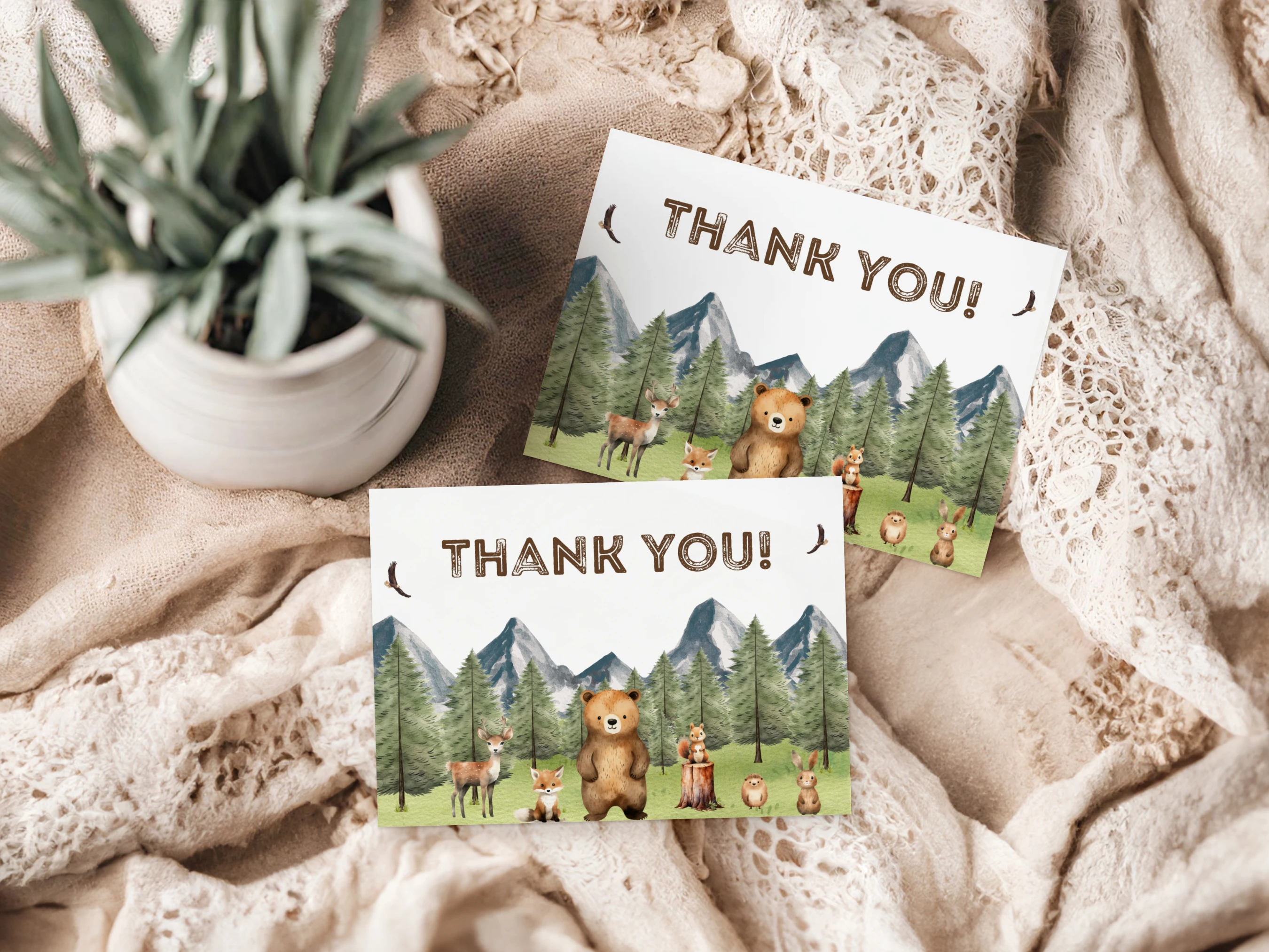 woodland baby shower thank you card, forest animals baby shower thank you note, bear theme baby shower thank you card printable, mountain baby shower thank you template, editable baby shower thank you card Canva