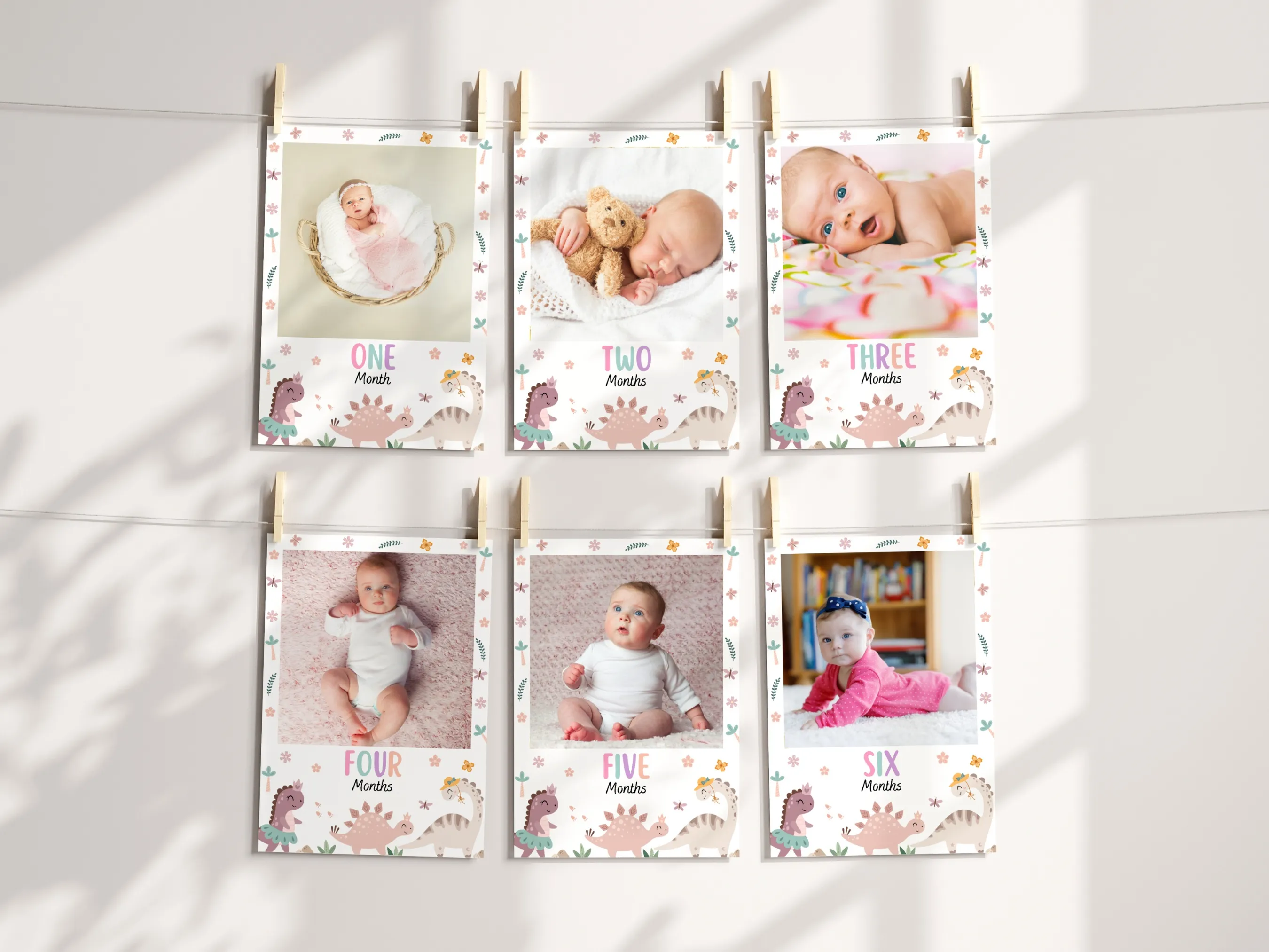 Girl Dinosaur birthday photo banner with dino 1st birthday baby milestone cards, editable Canva template for personalized prehistoric birthday decorations, digital download.