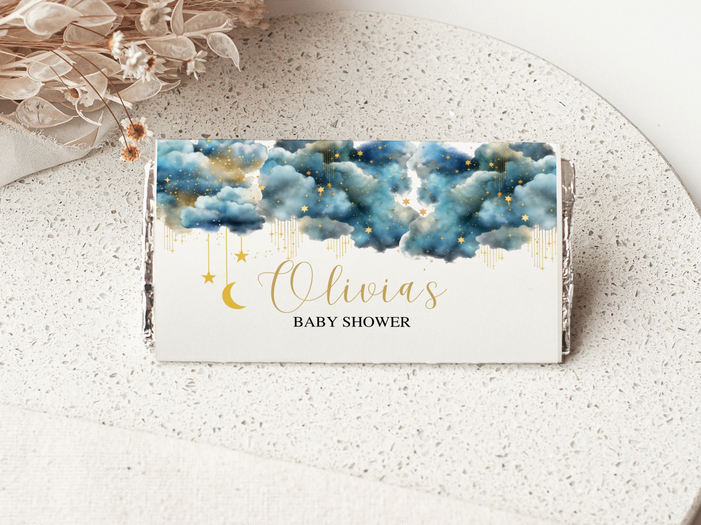 twinkle little star baby shower chocolate wrapper, over the moon candy bar wrapper printable, blue gold moon stars candy bar label, celestial baby shower chocolate wrapper, editable chocolate wrapper Canva