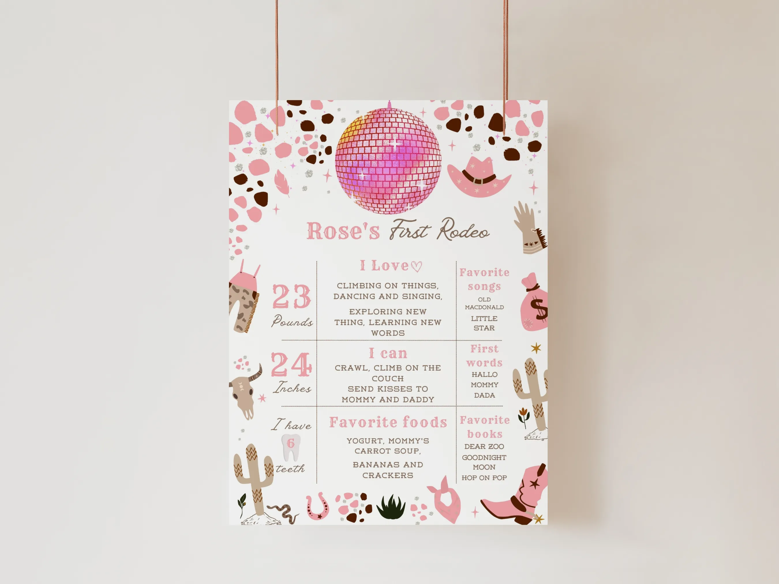 Disco cowgirl birthday milestone board with space cowgirl western theme for a first birthday, editable Canva template digital download by fllcdesigns