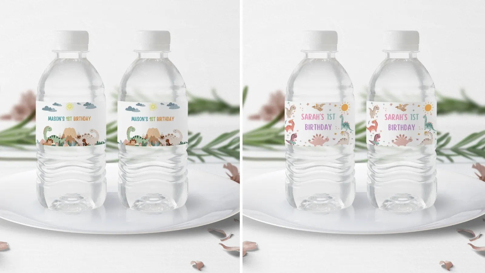 Editable kids birthday bottle labels displayed on water bottles, printable Canva party decorations with cute themed designs