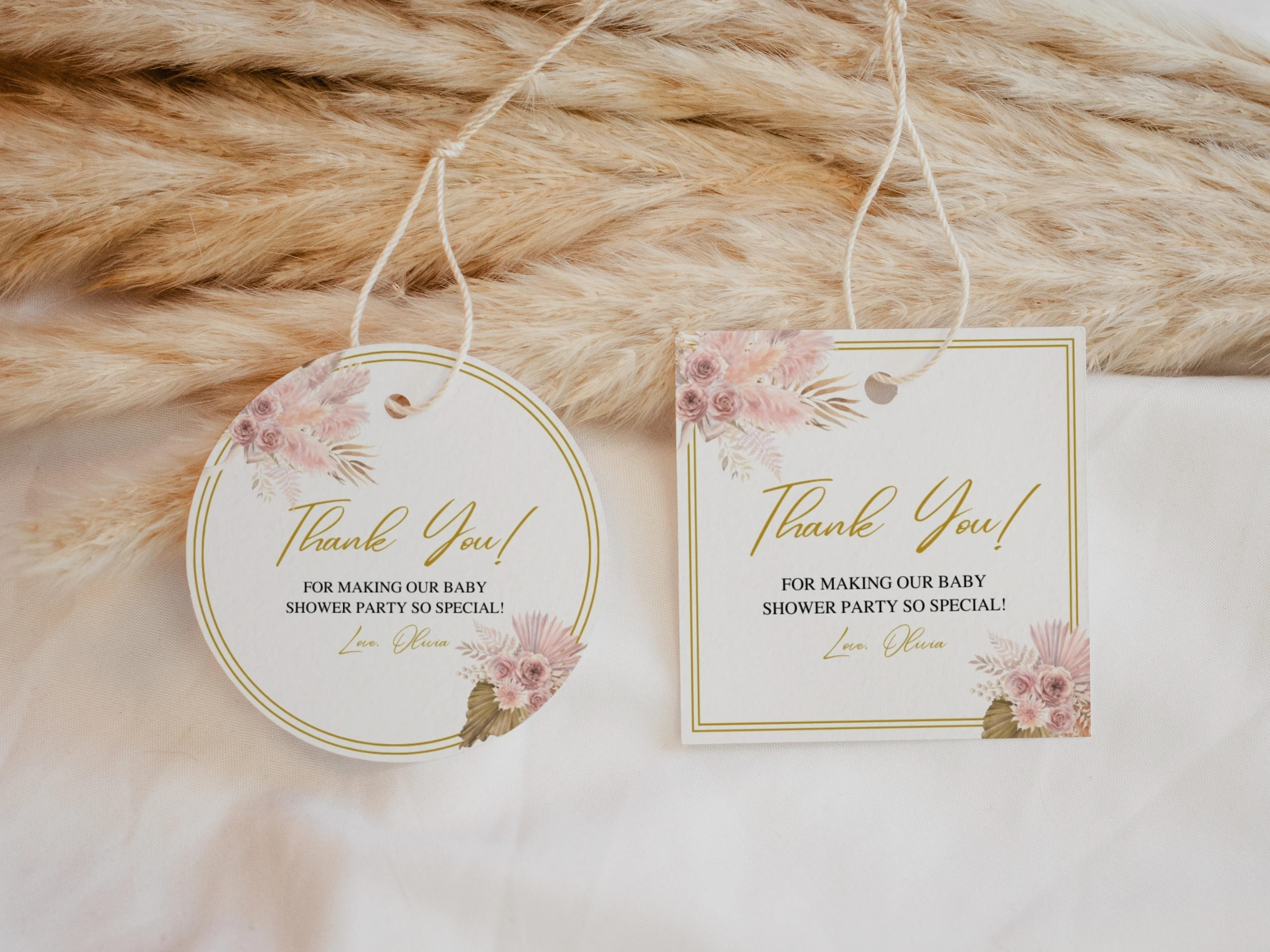 Boho Baby Shower Thank You Tags | Pampas Grass Rose Gold Baby Girl Favor Tags | Editable Canva Template | Digital Download