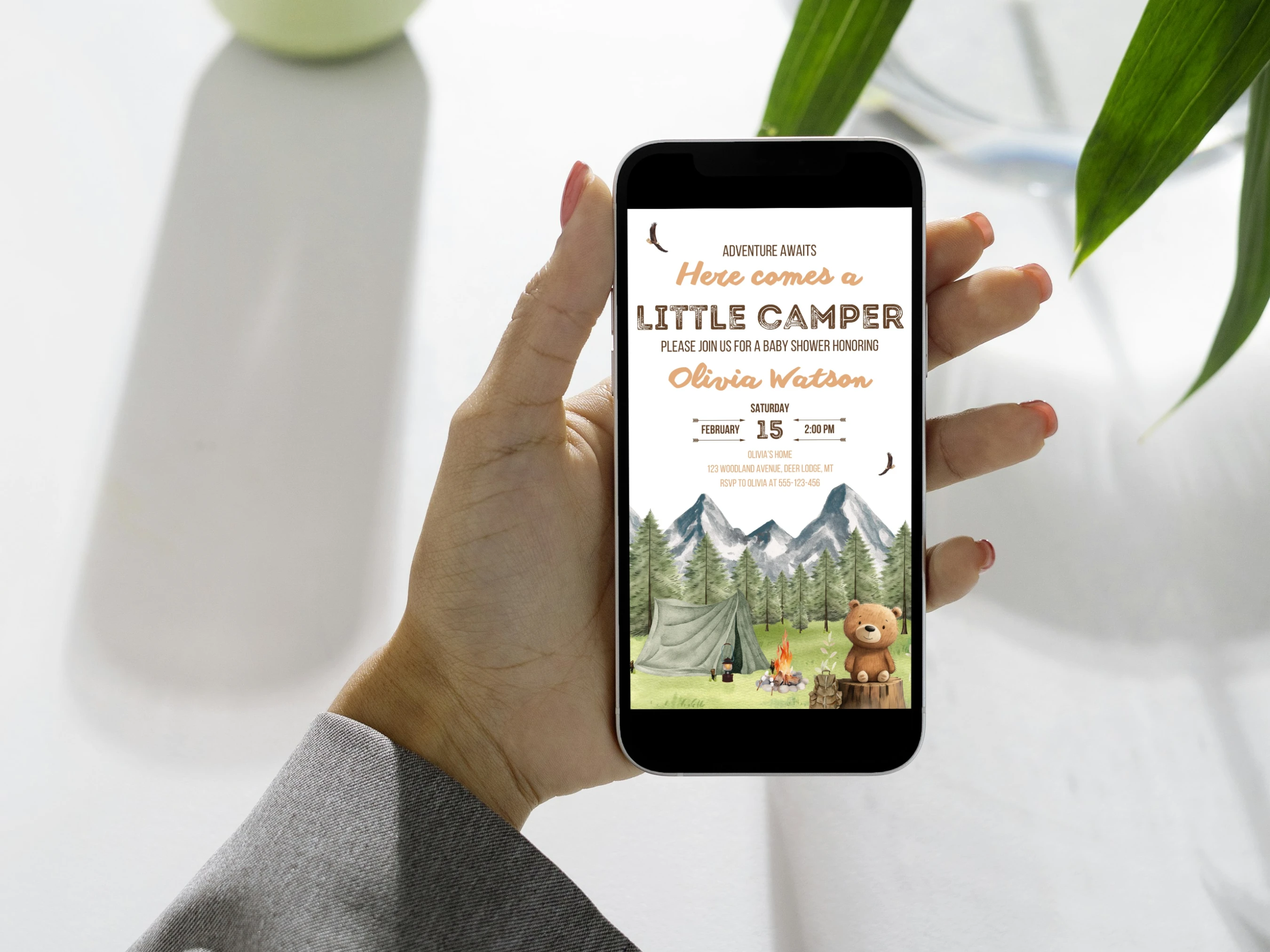 Little Camper Baby Shower Mobile Invitation | Adventure Awaits Woodland Baby Shower Digital Invite | Brown Bear Baby Shower Party | Editable Canva Template | Digital Download
