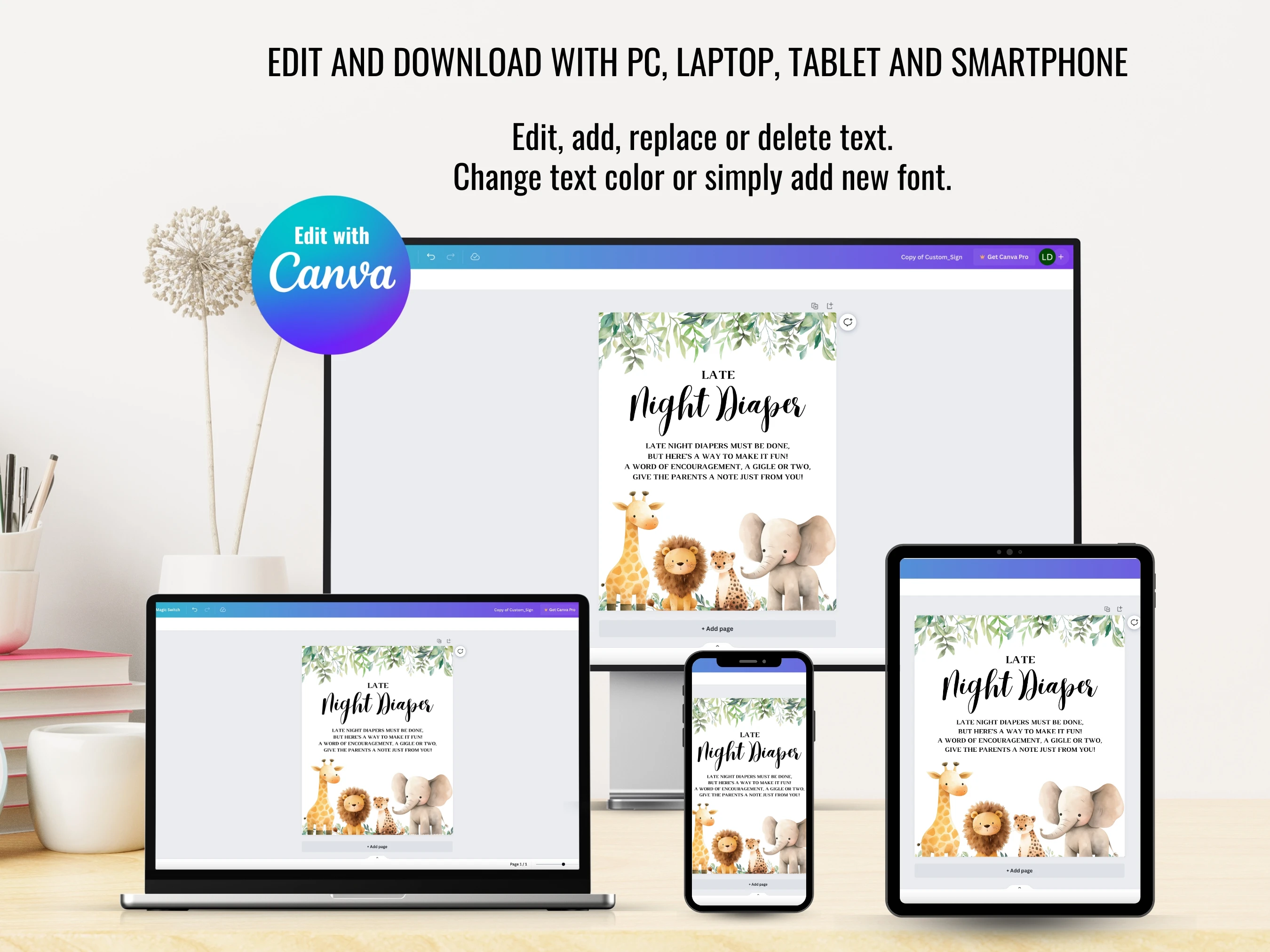 Safari Baby Shower Table Signs | Jungle Animals Late Night Diapers Sign | Pacifier Hunt Sign | Editable Canva Template | Digital Download