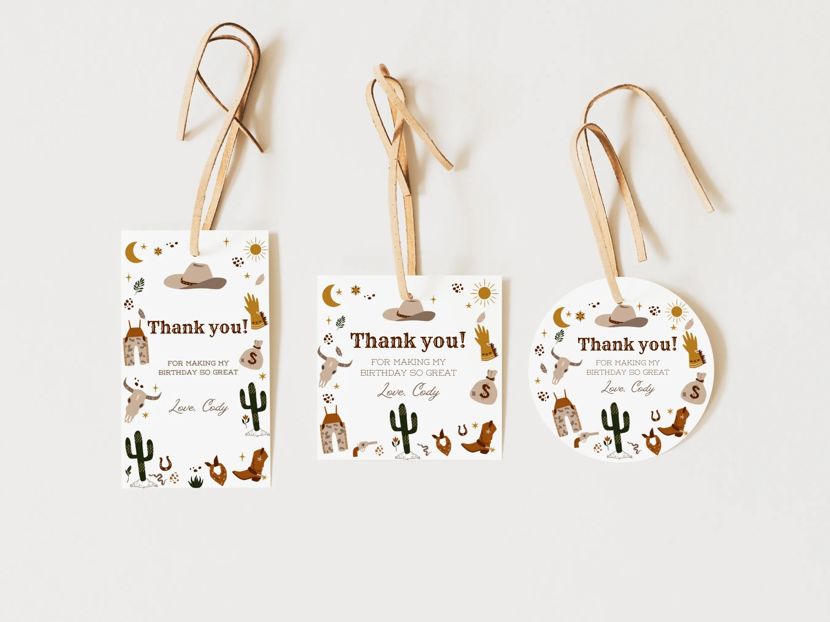 My First Rodeo birthday thank you tags with cowboy western theme, rope and star elements, editable Canva template by fllcdesigns