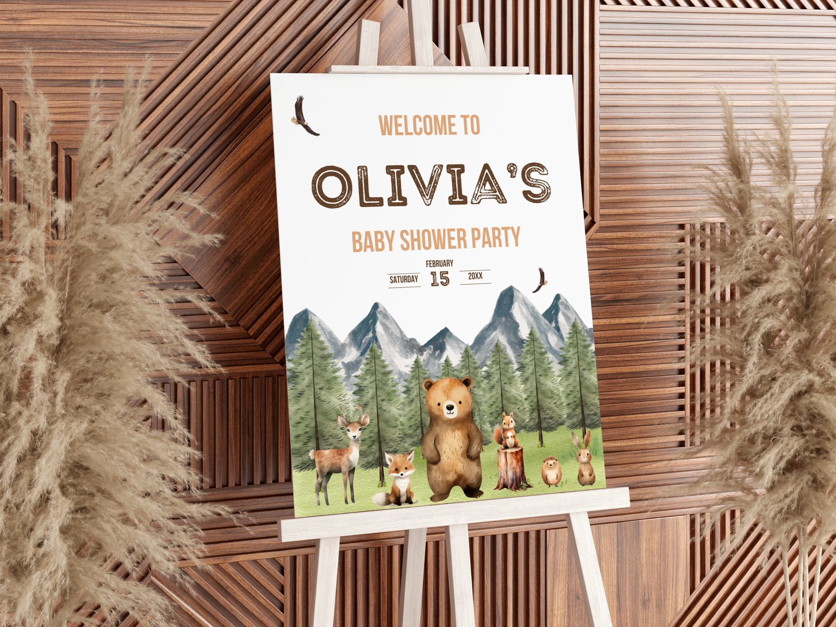 Woodland Baby Shower Welcome Sign | Forest Animals Mountain Welcome Board For Baby Boy | Editable Canva Template | Digital Download