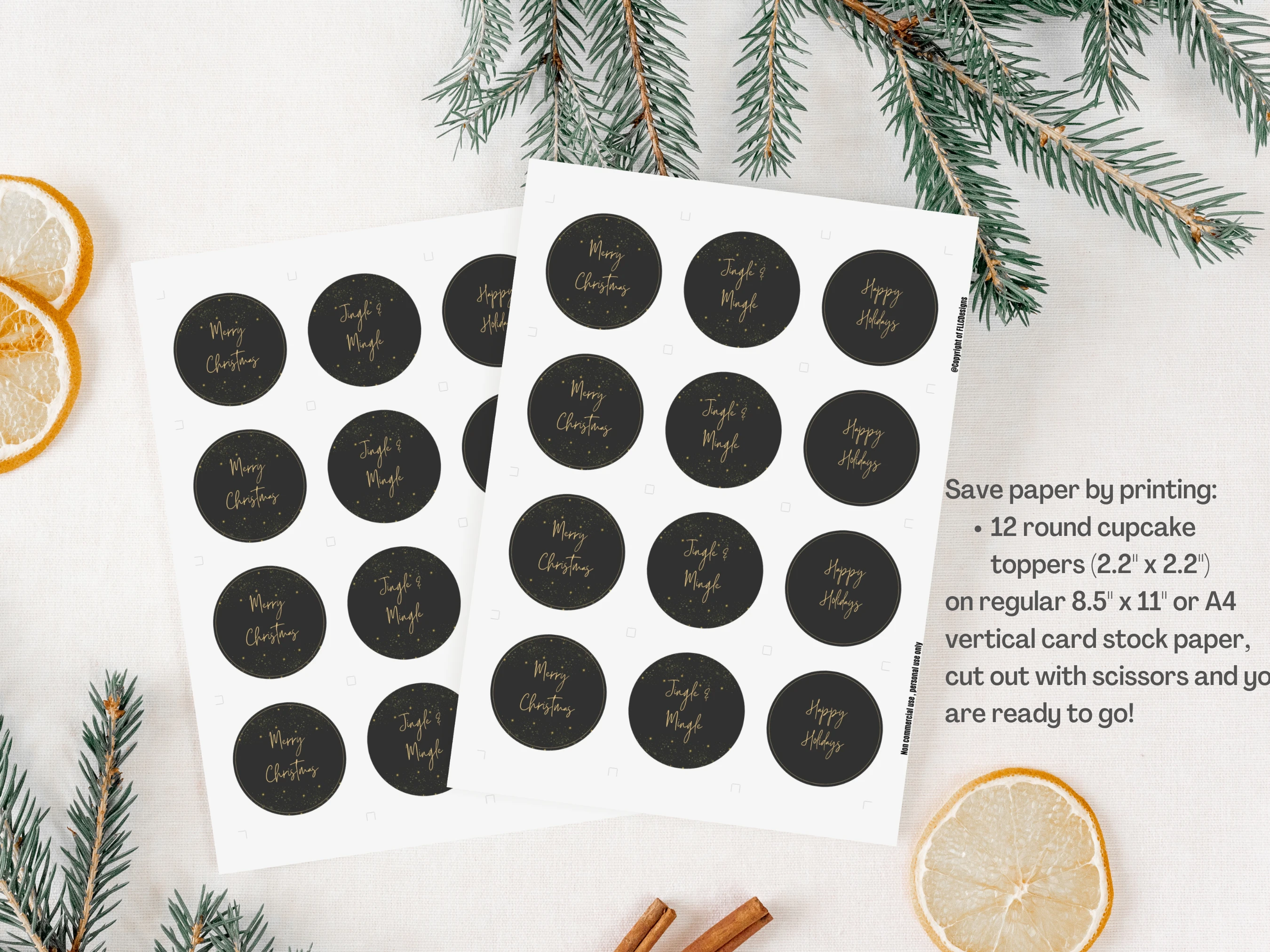 Black and Gold Christmas Cupcake Toppers | Editable Holiday Party Decor | Editable Canva Template | Digital Download
