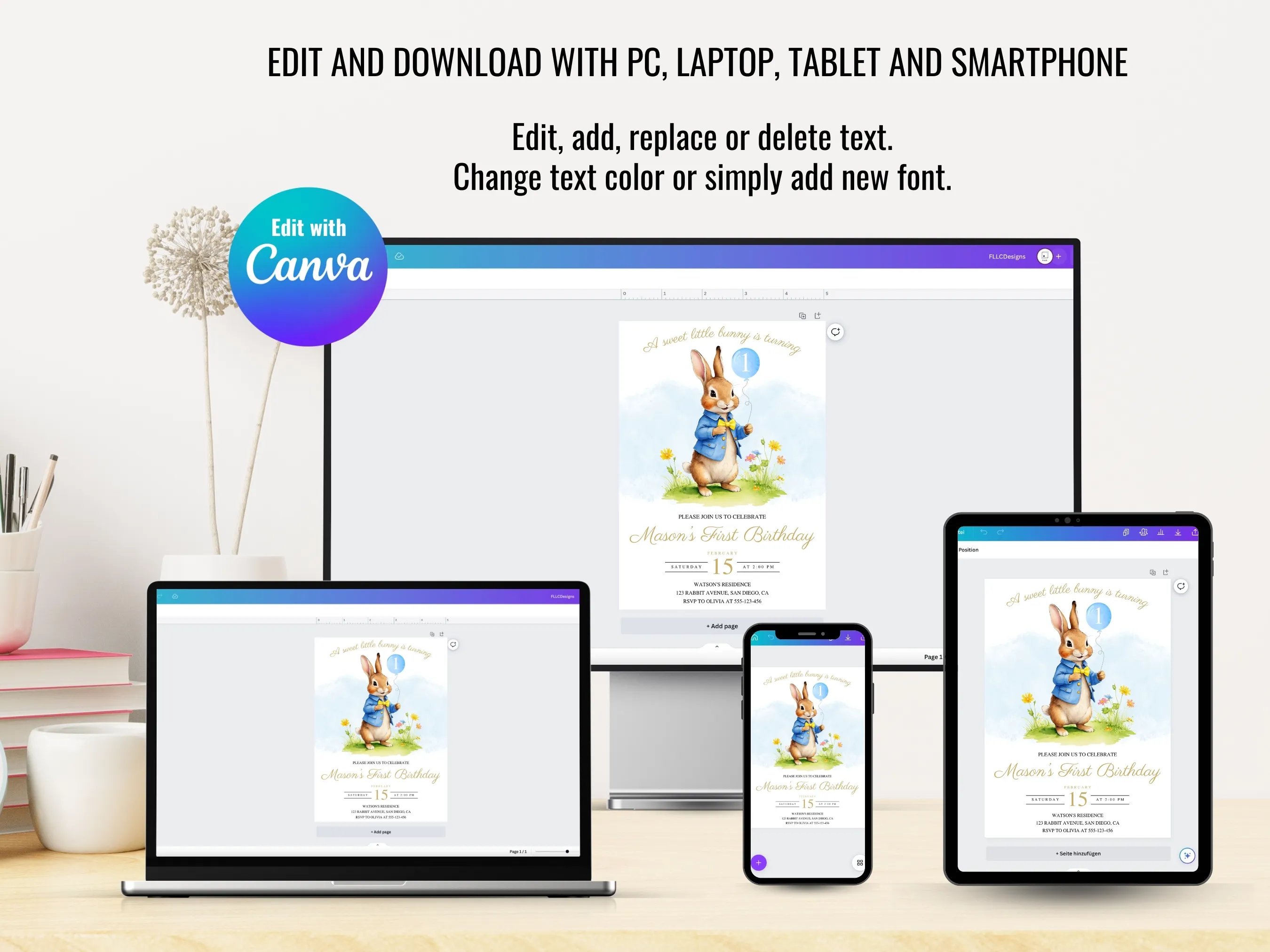 Peter Rabbit Birthday Bundle | 1st Birthday Invitation Set | Flopsy Bunny Theme | Printable Party Decor | Editable Canva Templates