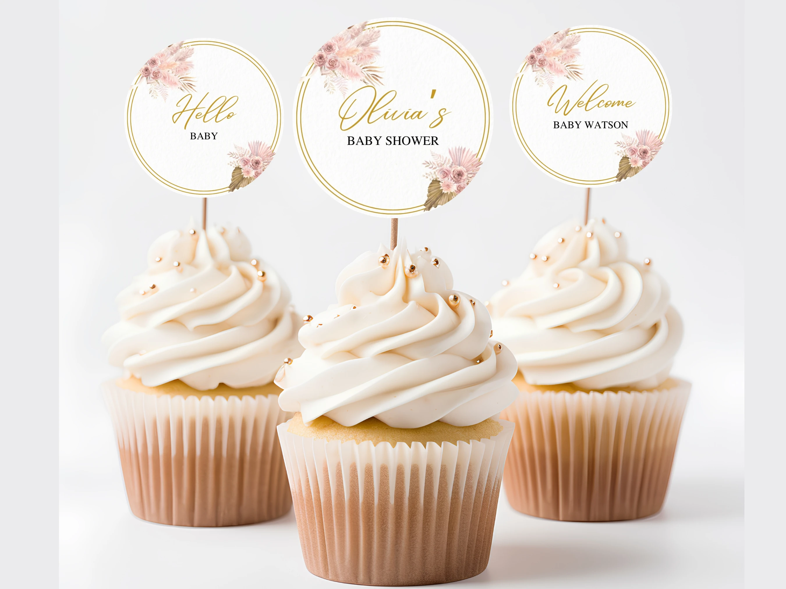 boho baby shower cupcake toppers pampas grass rose gold decor canva template digital download, pampas grass boho girl baby shower cupcake topper rose gold baby shower decorations canva template