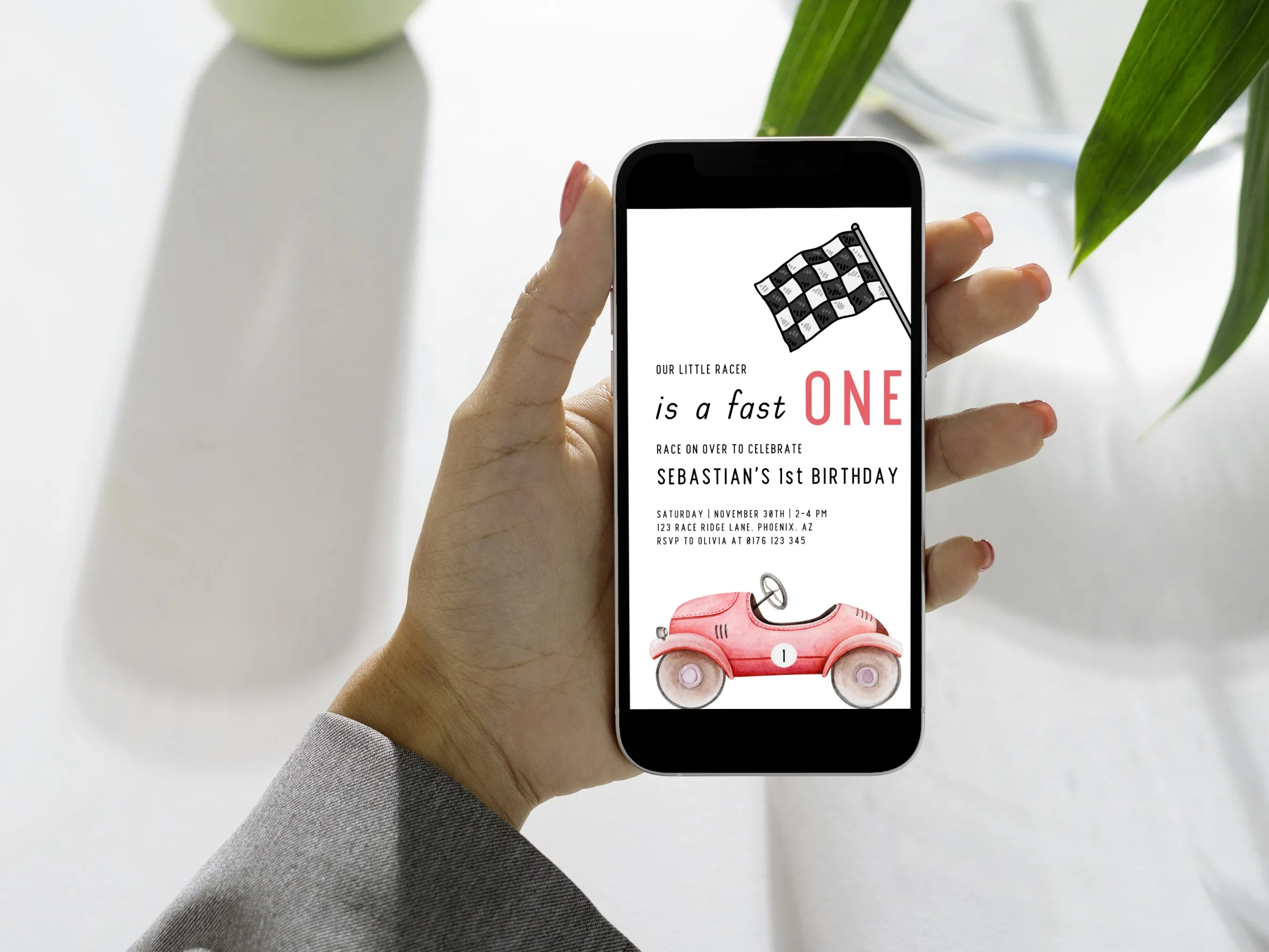 Fast One Birthday Evite | Red Vintage Race Car 1st Birthday Mobile Invitation | Editable Canva Template | Digital Download