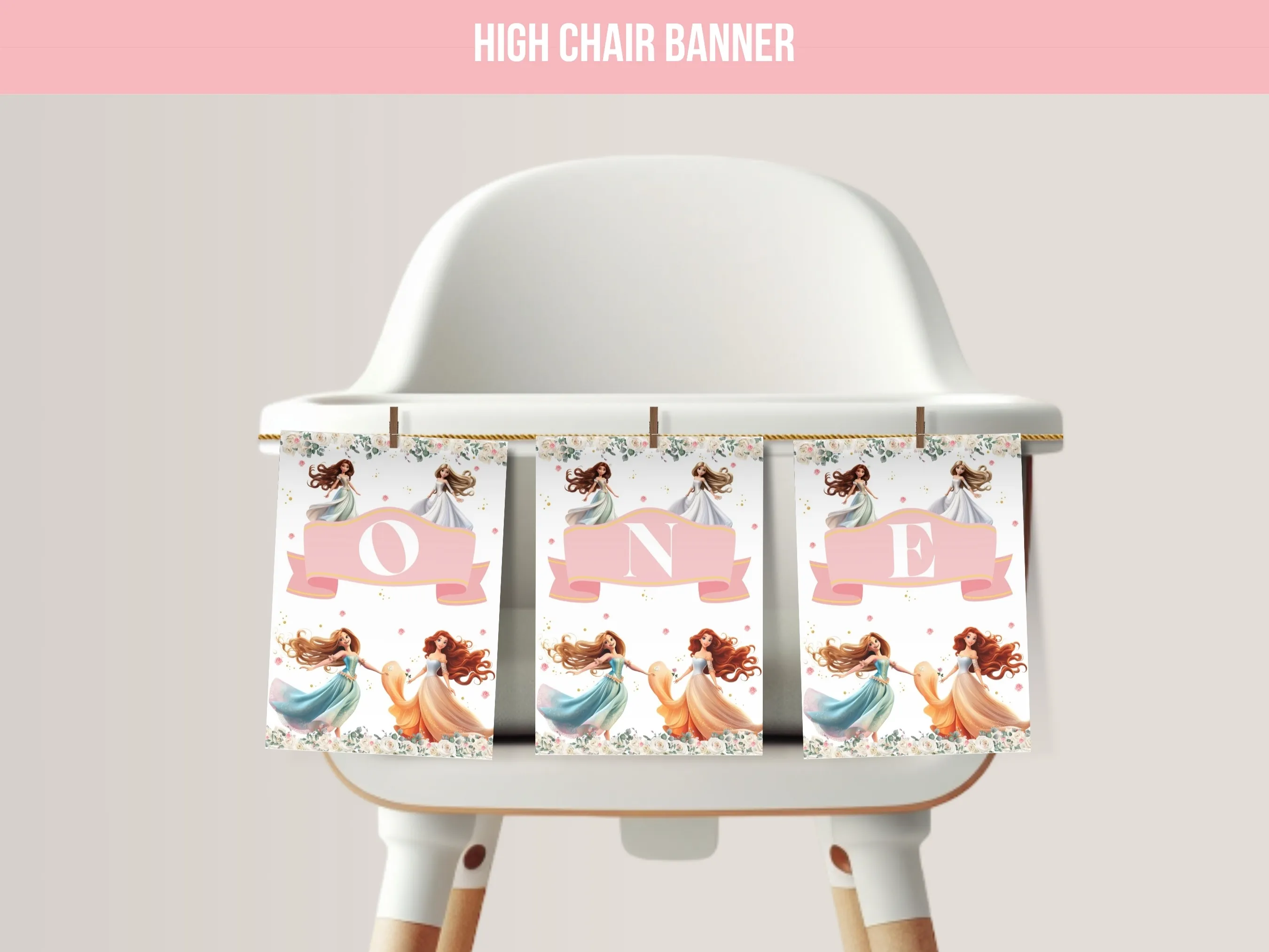 Princess birthday high chair banner with ONE lettering for a royal party, editable Canva template digital download by fllcdesigns
