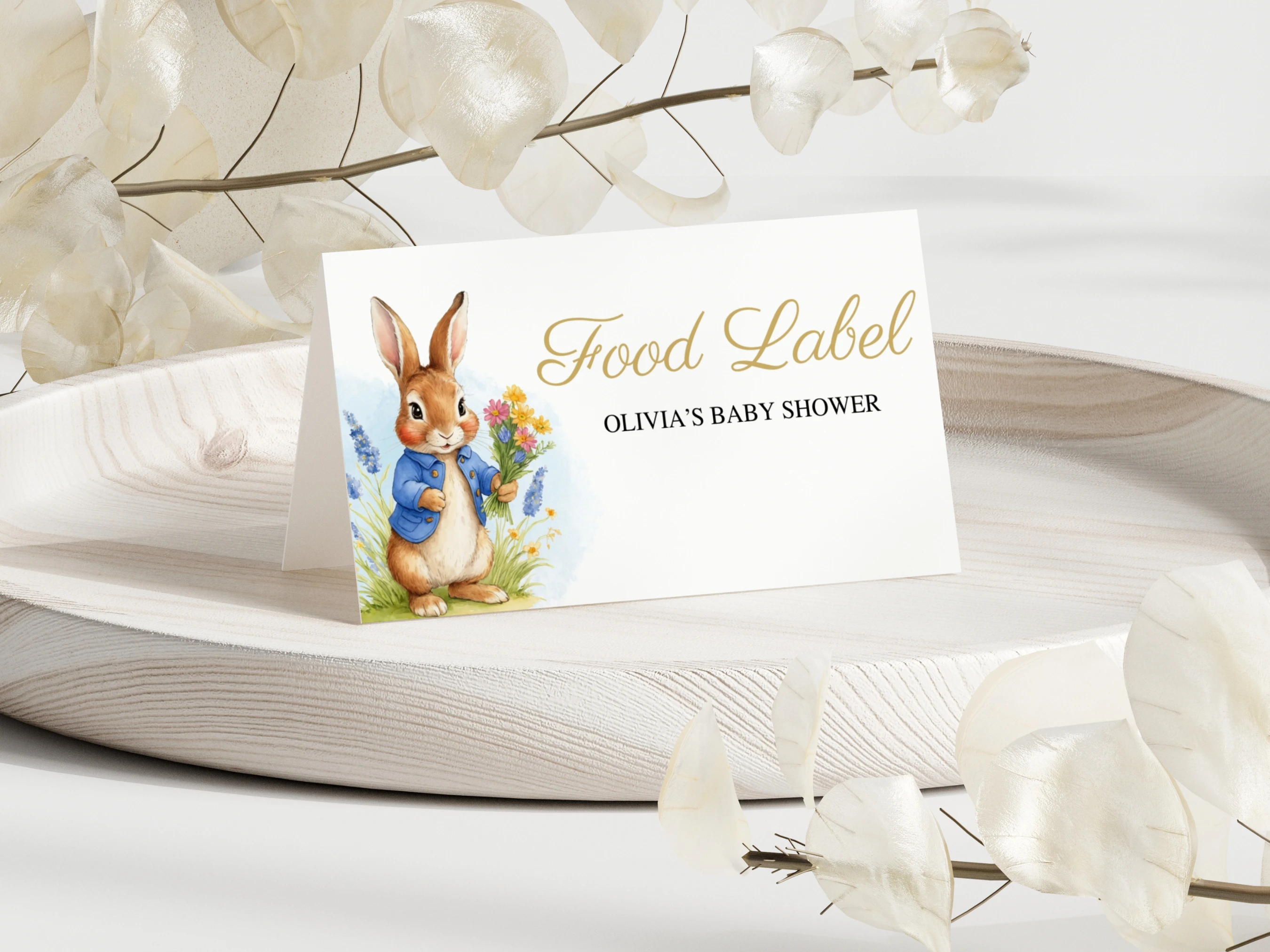 peter rabbit baby shower place cards flopsy bunny spring gender neutral seating cards canva template digital download, flopsy bunny baby shower seating cards spring decorations canva template