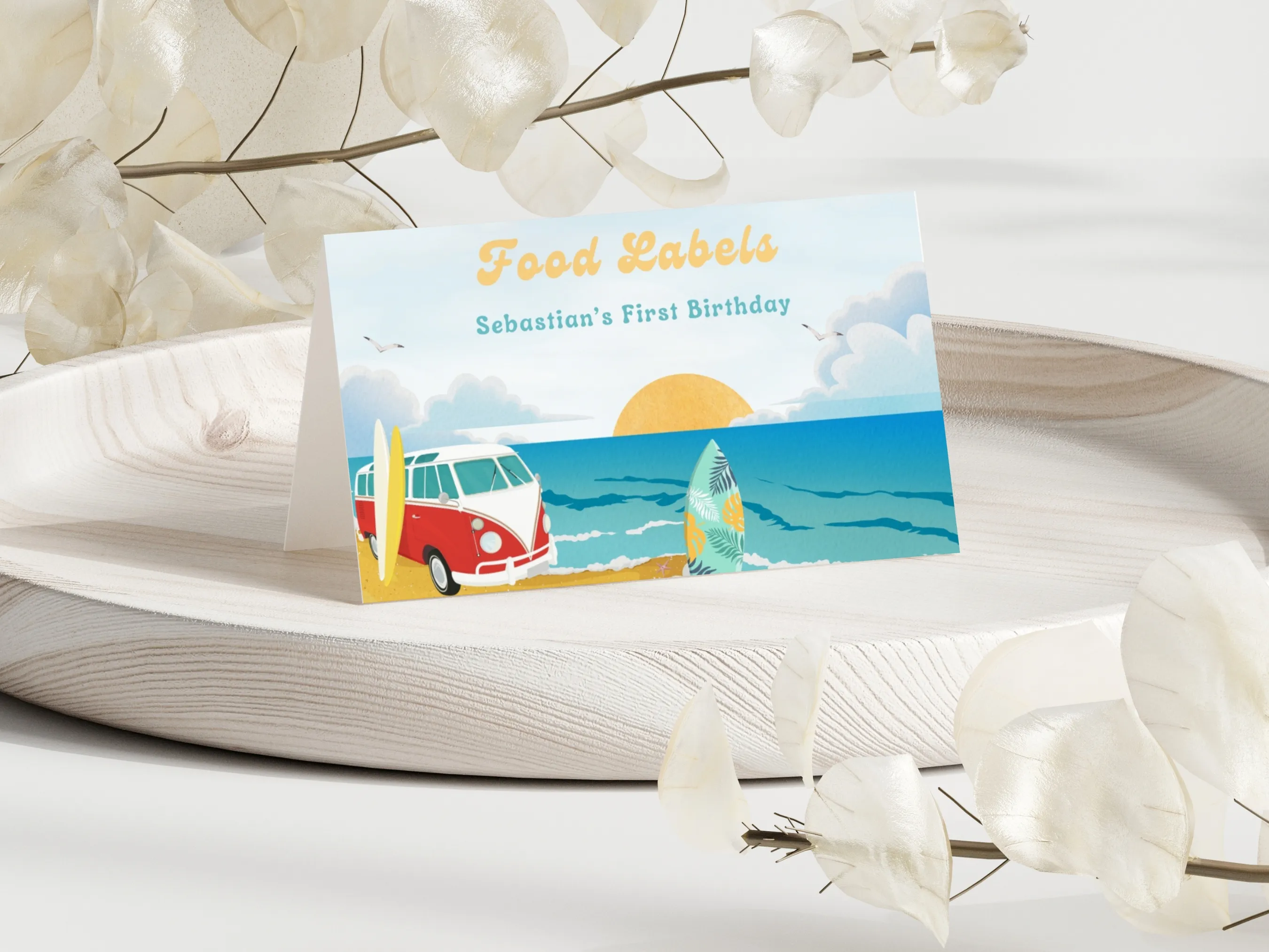 Surf birthday food tent cards with beach and surfboard theme, editable name tags and table labels by fllcdesigns