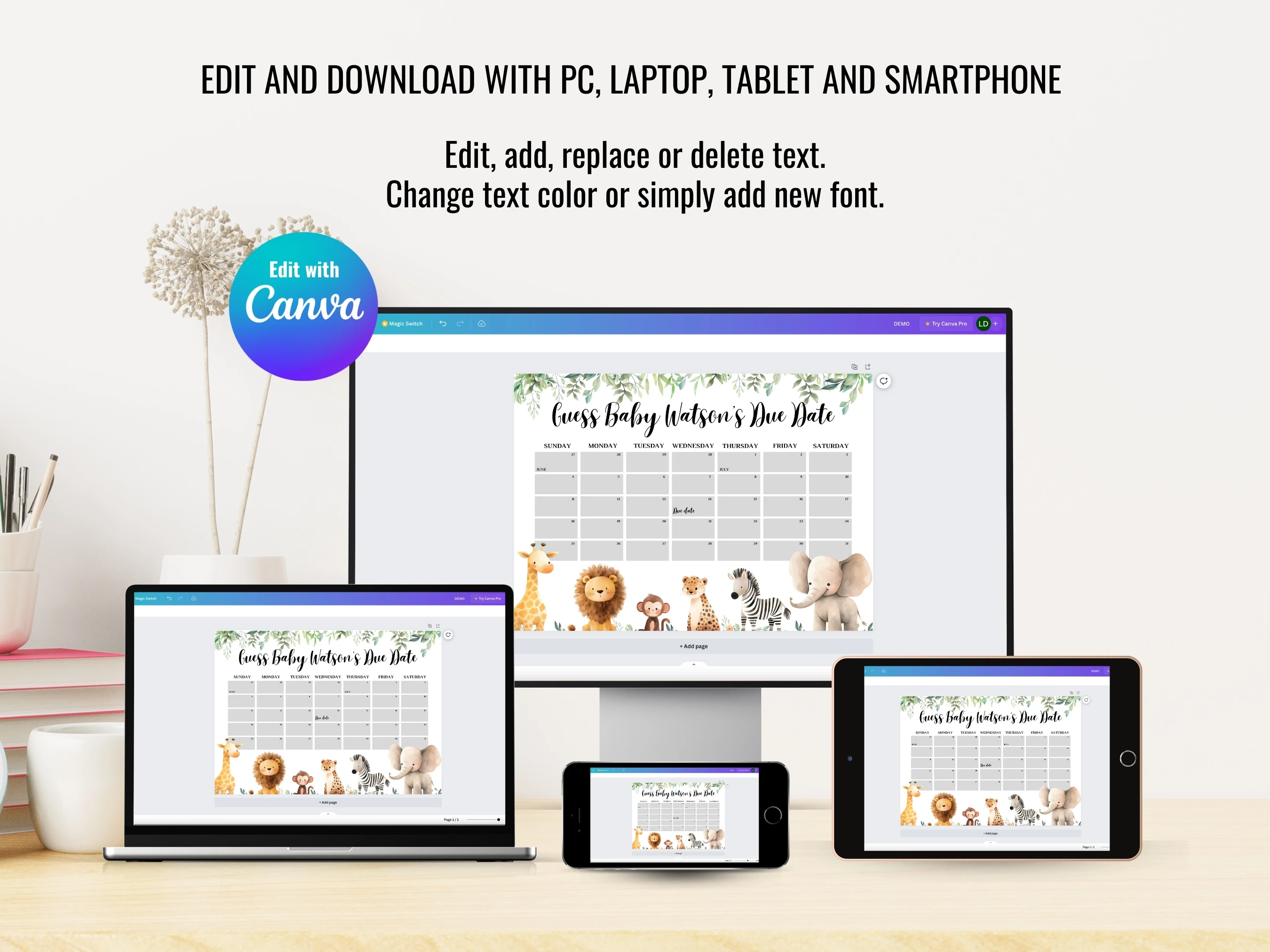 Safari Baby Due Date Calendar | Jungle Animals Prediction Game | Wild One Guess The Birthday | Editable Canva Template | Digital Download