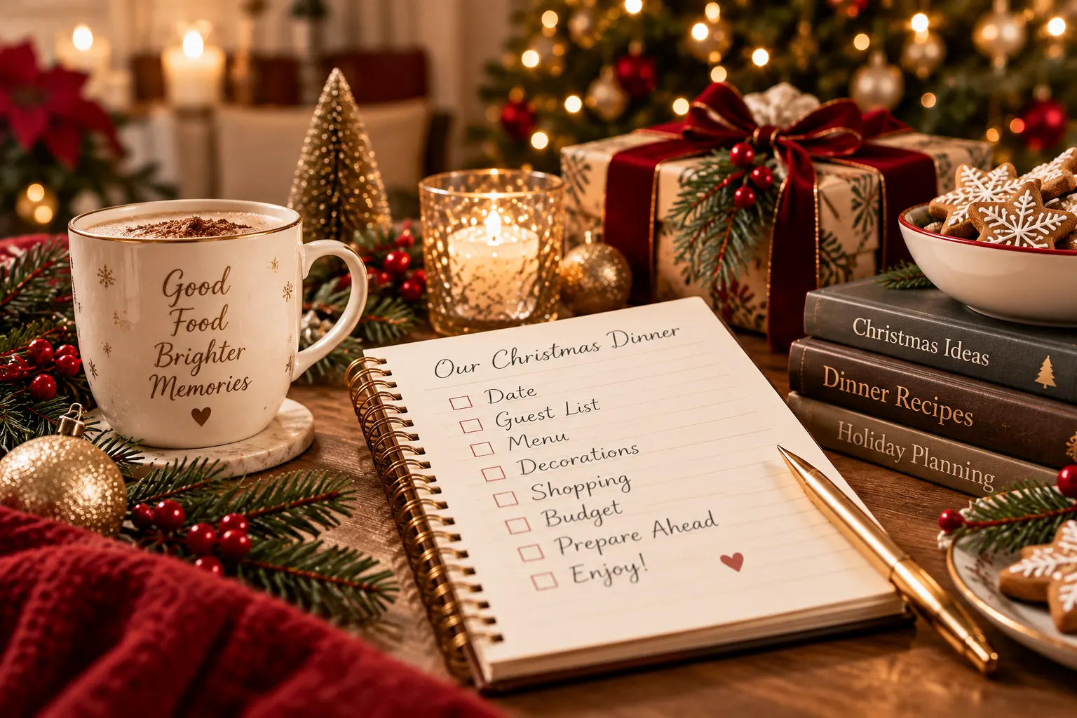 Christmas dinner planning notebook with checklist, candlelight, gifts and festive decorations
