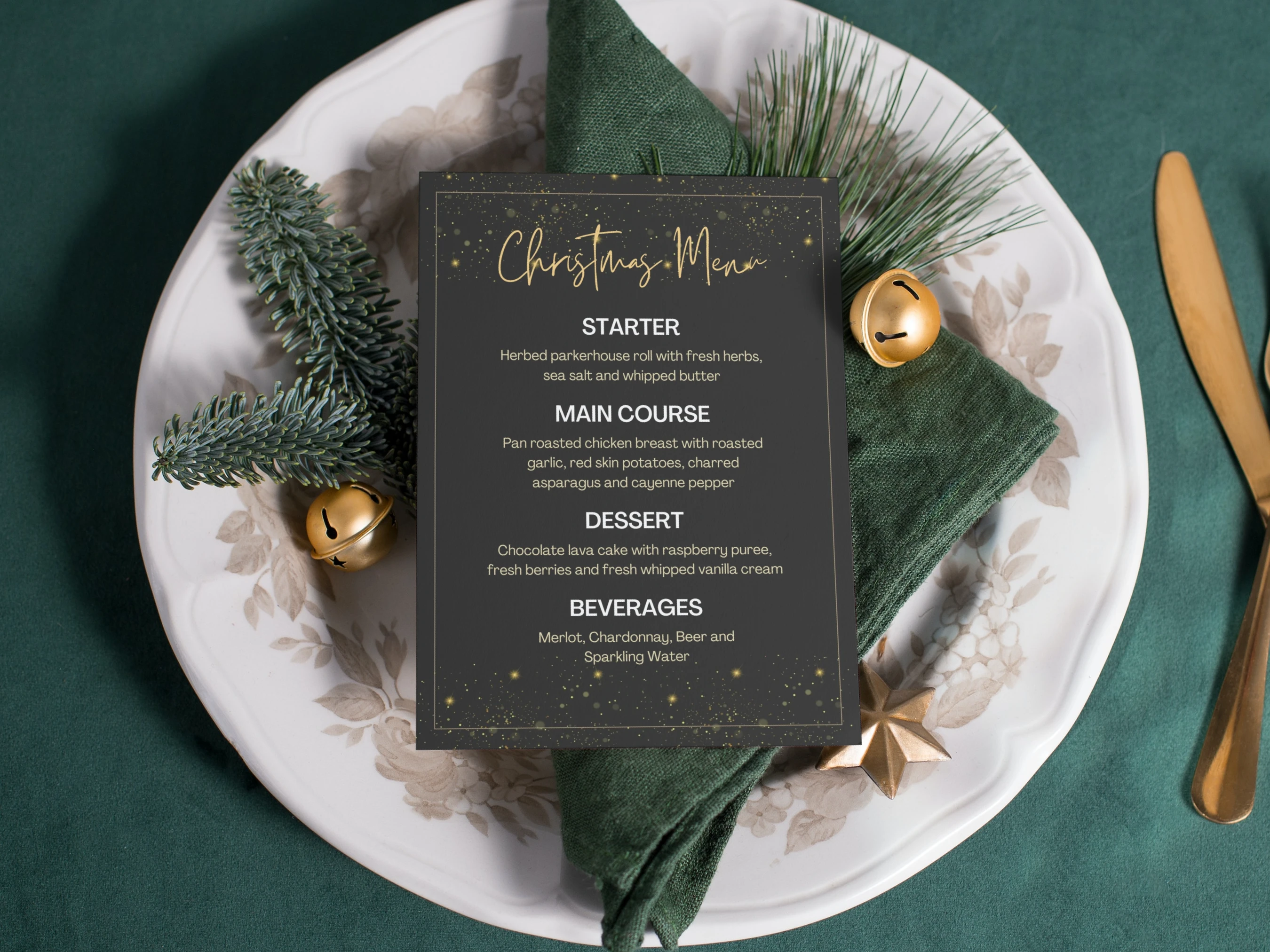 Elegant black and gold Christmas menu card template with festive holiday table setting and editable Canva design