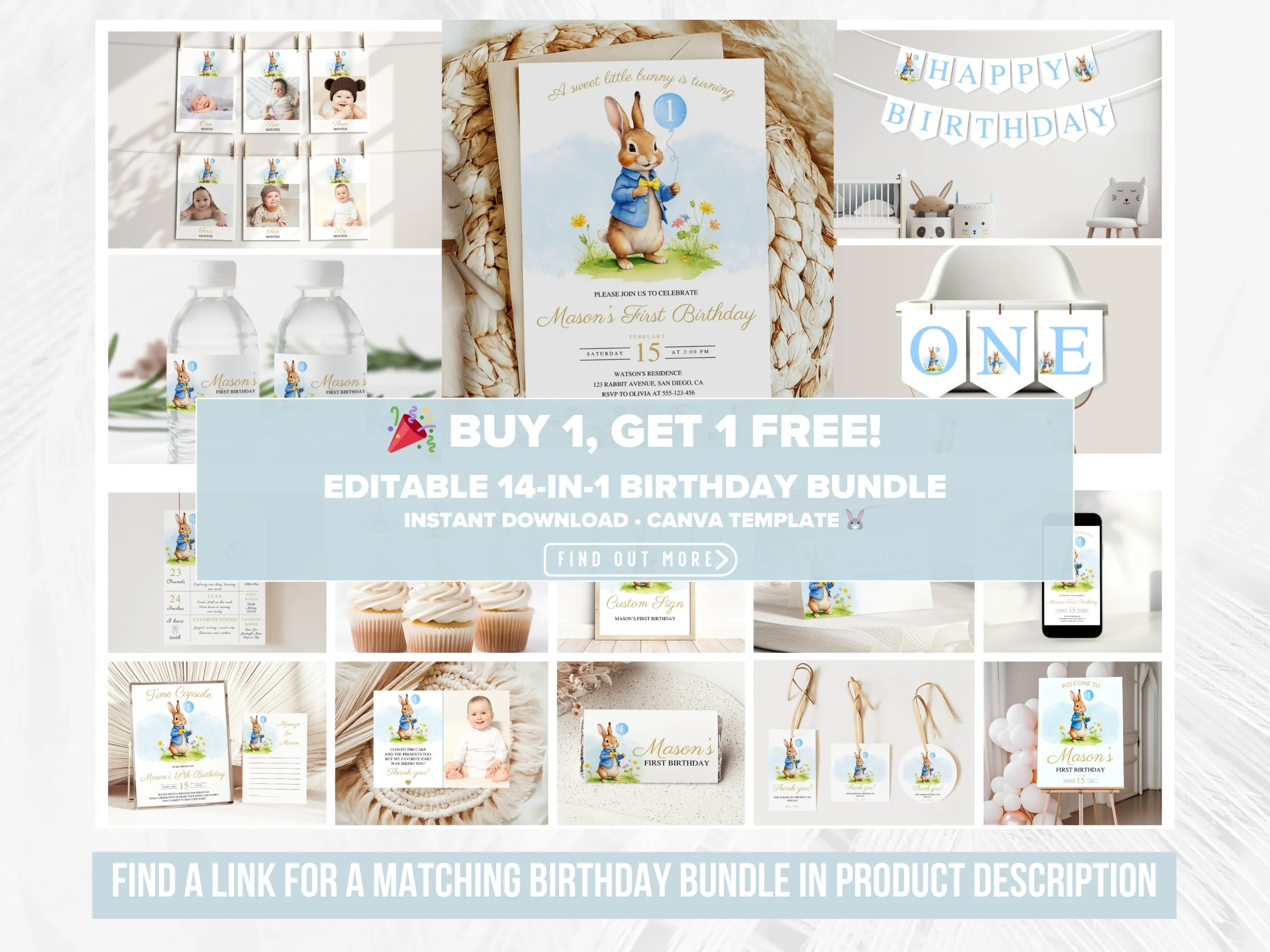 Peter Rabbit Birthday Mobile Invitation | Flopsy Bunny Digital Invitation | 1st Birthday Boy Invite | Editable Canva Template | Digital Download
