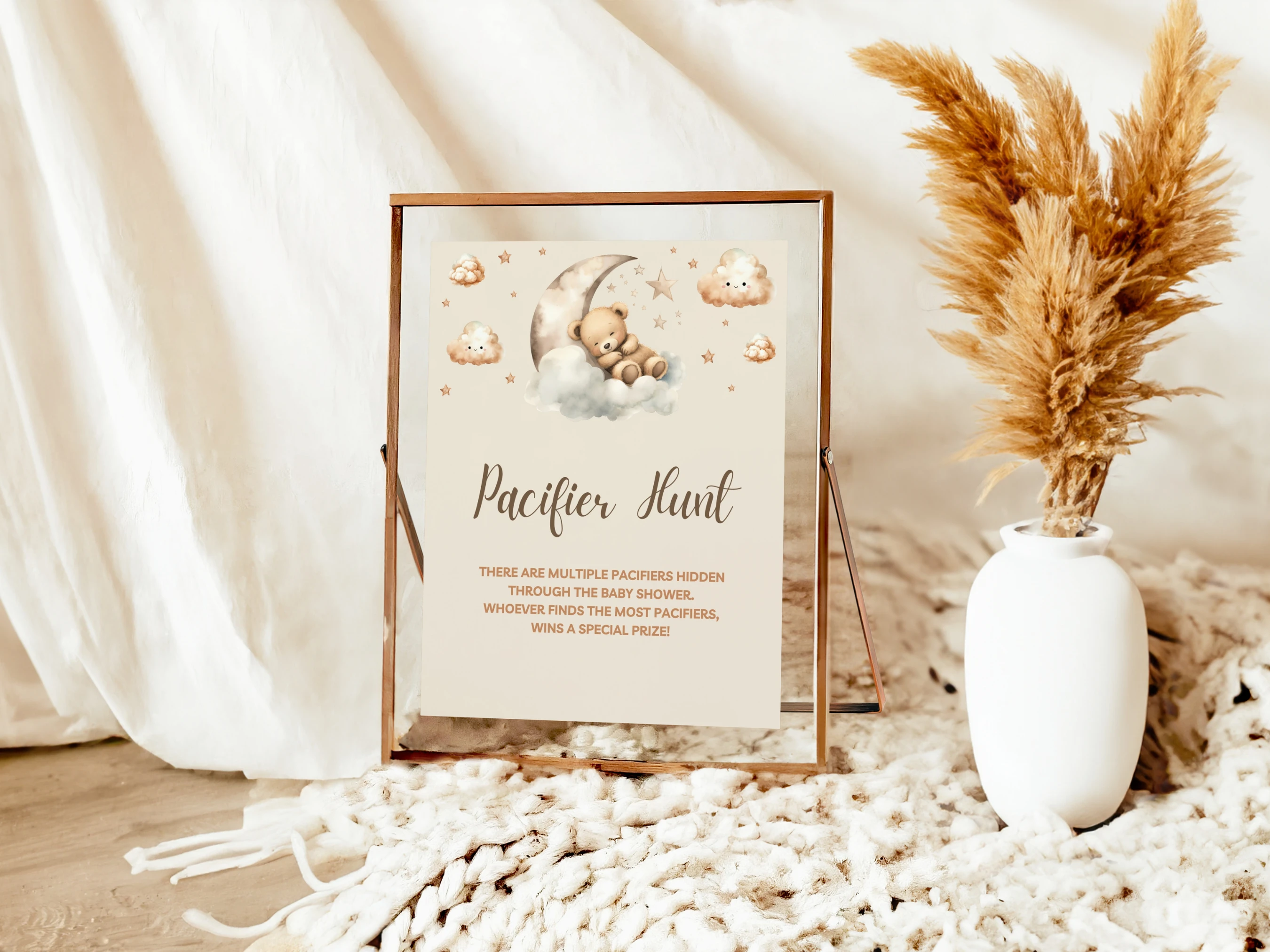 Sleeping Teddy Bear Baby Shower Table Signs | Over The Moon Late Night Diapers Sign | Pacifier Hunt Sign | Editable Canva Template | Digital Download