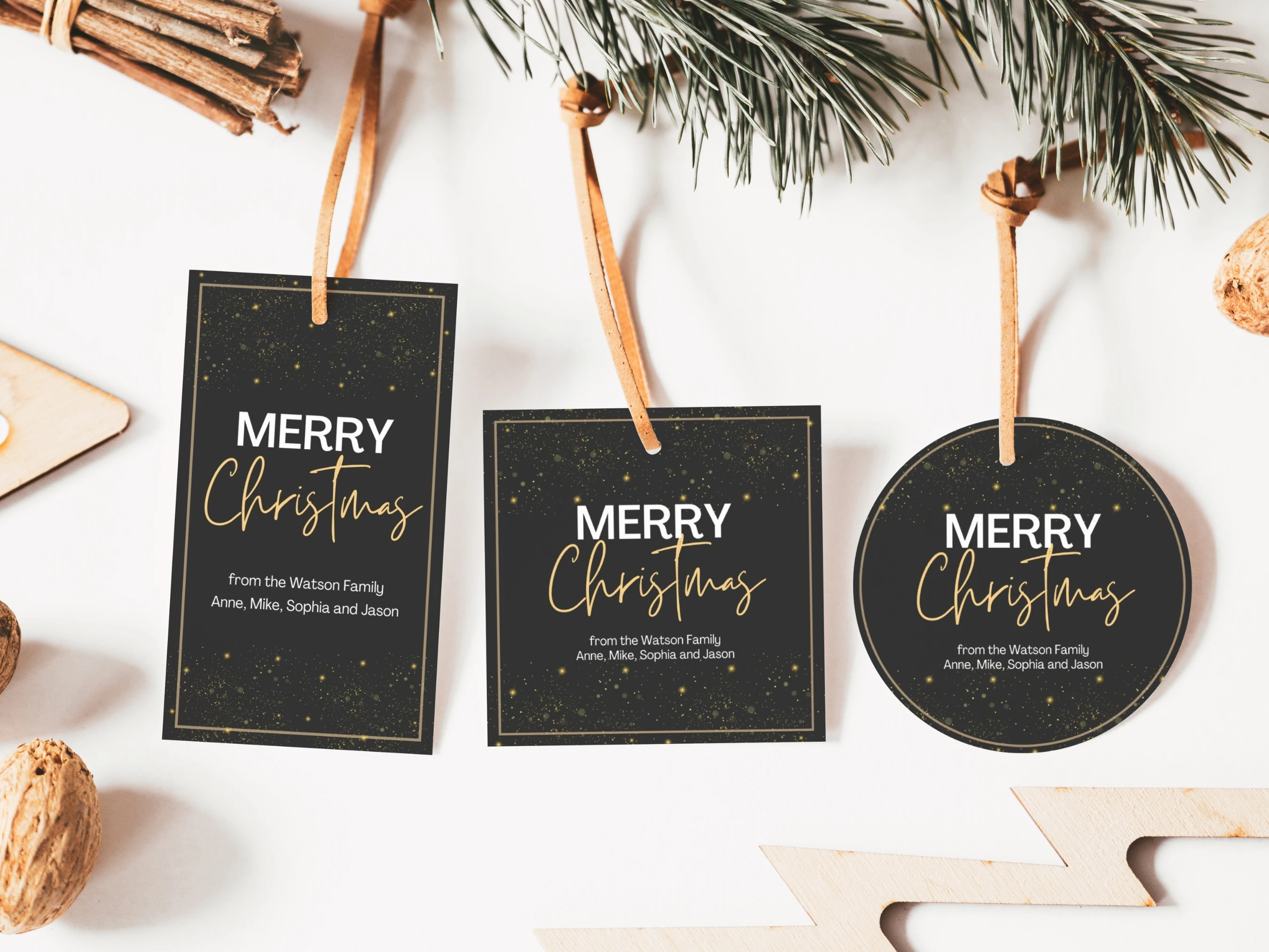 Black and Gold Christmas favor tags in rectangular, square and round designs with Merry Christmas typography, gold sparkling details and editable Canva templates for holiday gifts and party favors.