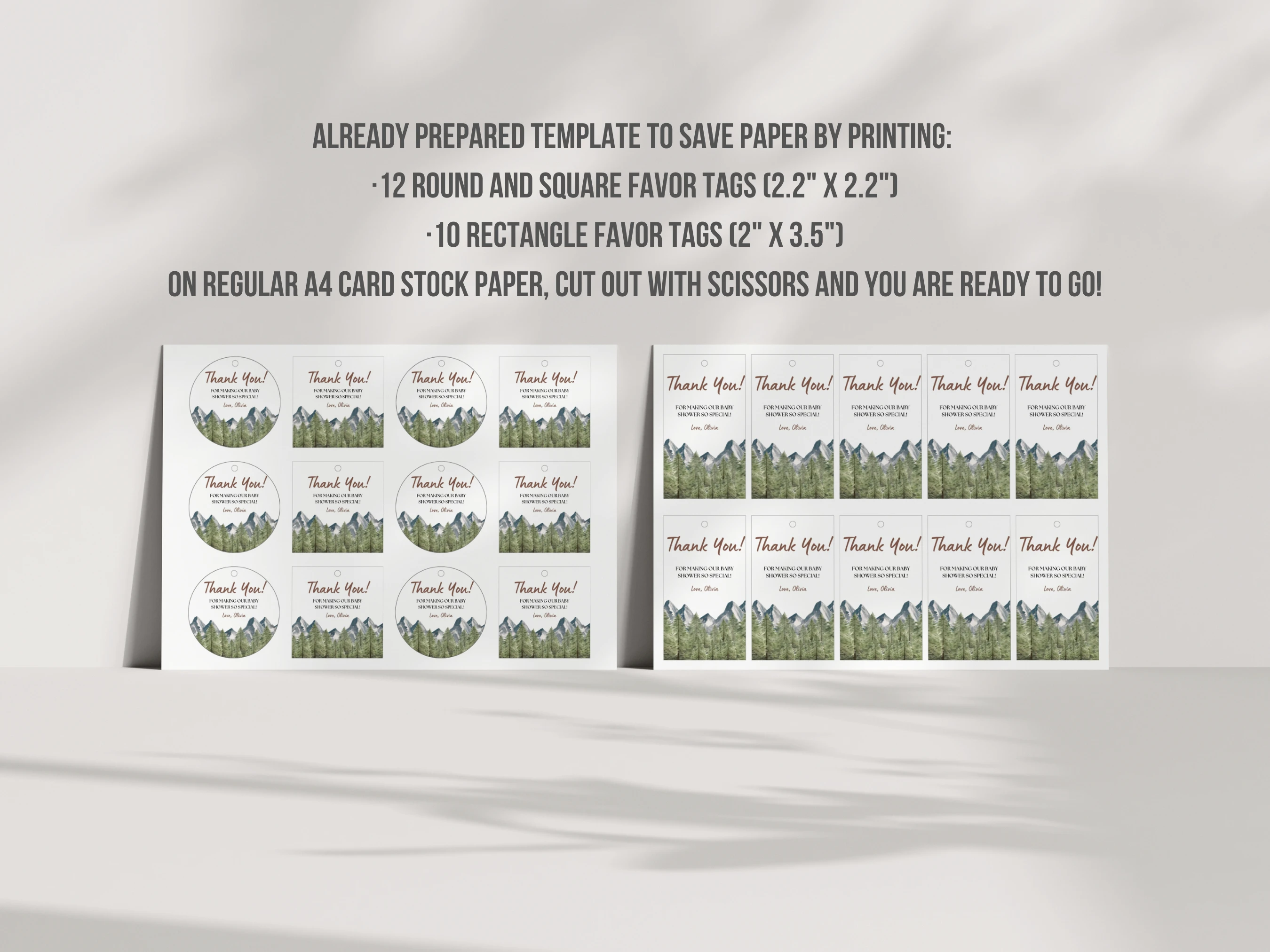 Adventure Awaits Baby Shower Thank You Tags | Woodland Forest Mountain Favor Tags | Editable Canva Template | Digital Download