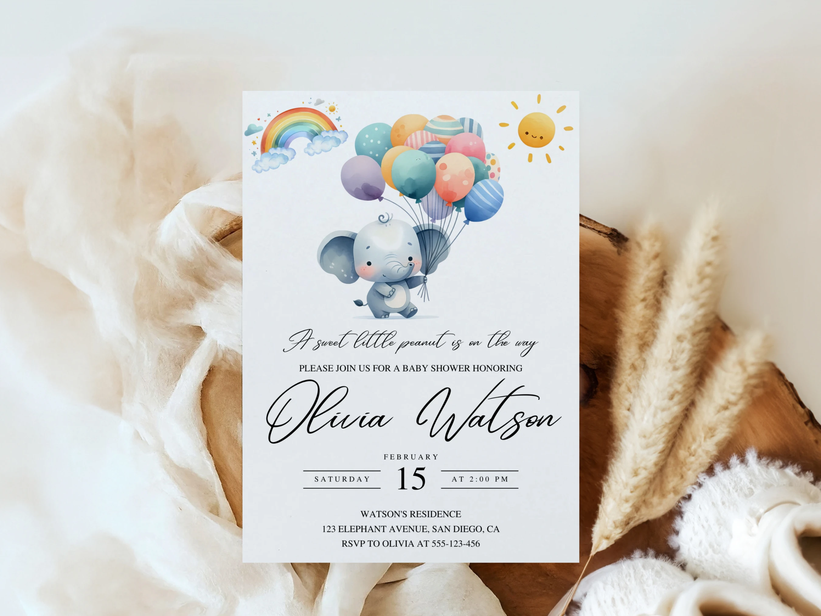 little peanut baby shower invitation, elephant balloon baby shower invite, elephant baby shower invitation template, printable baby shower invite, editable baby shower invitation Canva