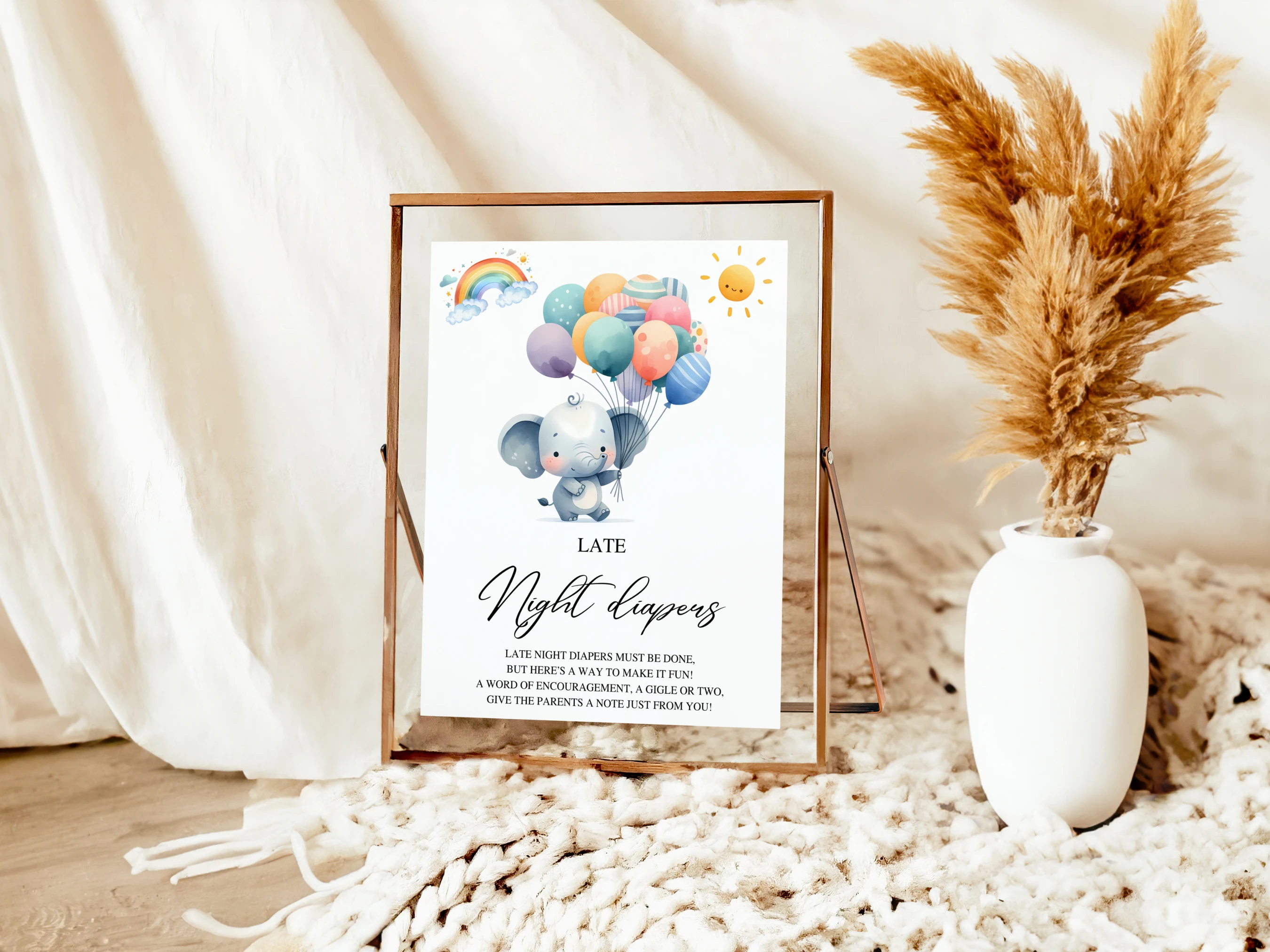 Elephant Baby Shower Table Signs | Little Peanut Late Night Diapers | Pacifier Hunt Sign | Editable Canva Template | Digital Download