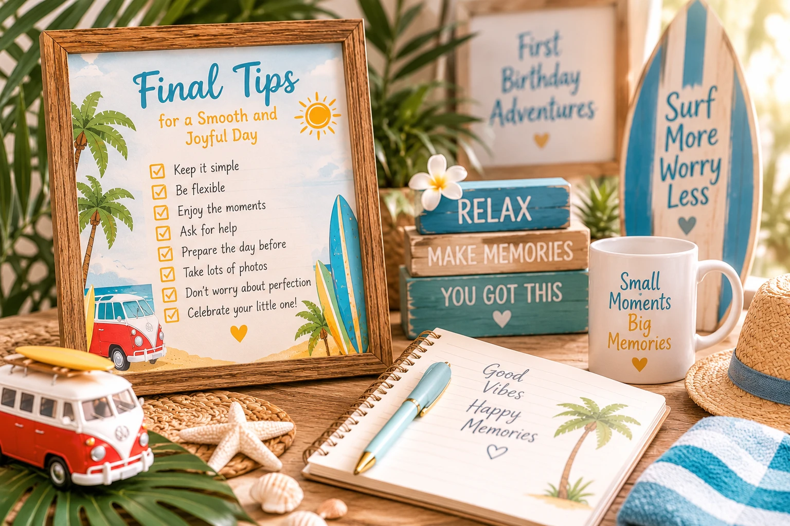 First birthday final tips board with relaxed planning reminders, beach decorations, notebook and surf themed party inspiration