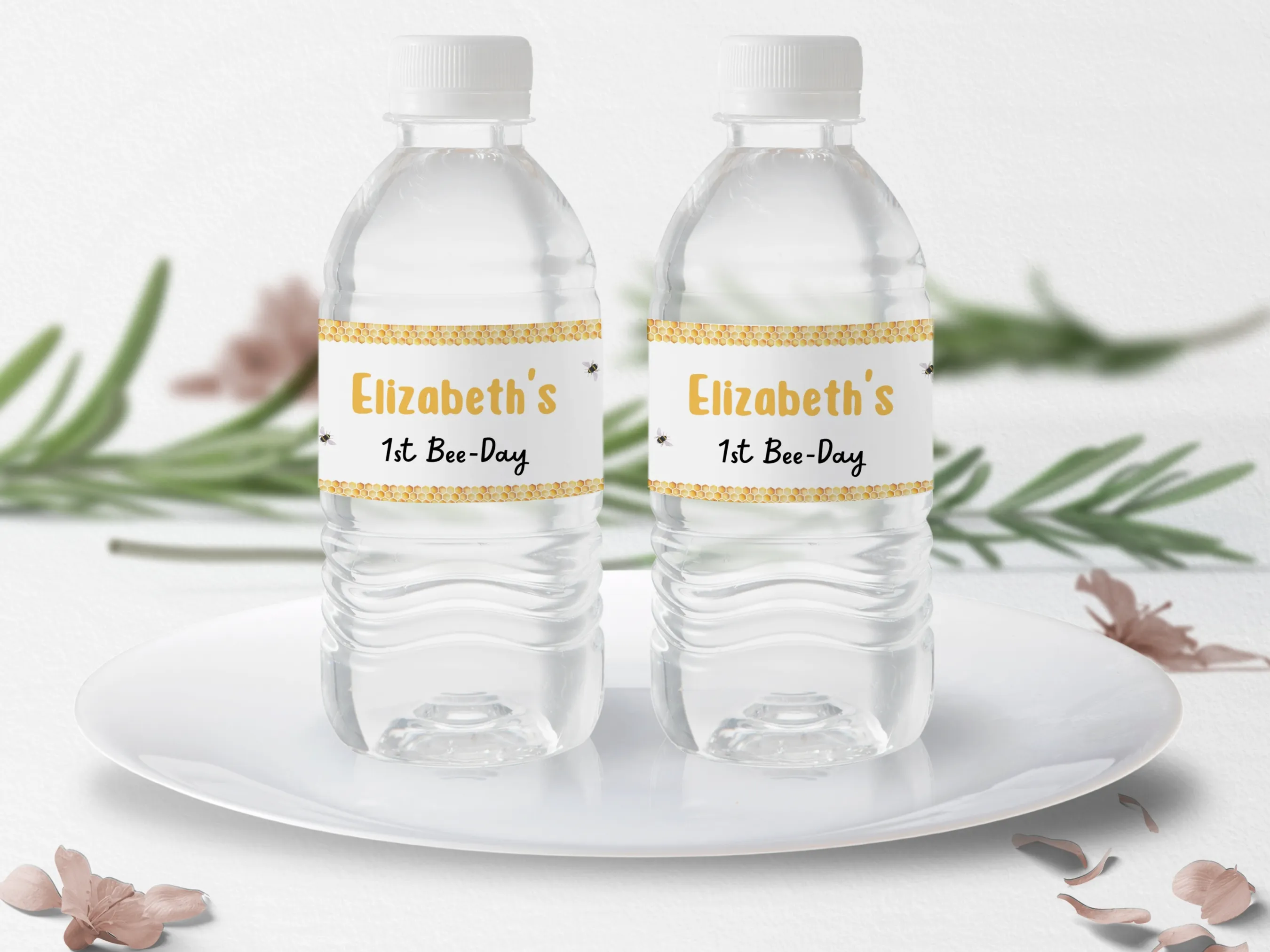 First Bee Day water bottle labels with bumble bee and honey bee designs, editable bottle wraps and birthday bottle stickers by fllcdesigns