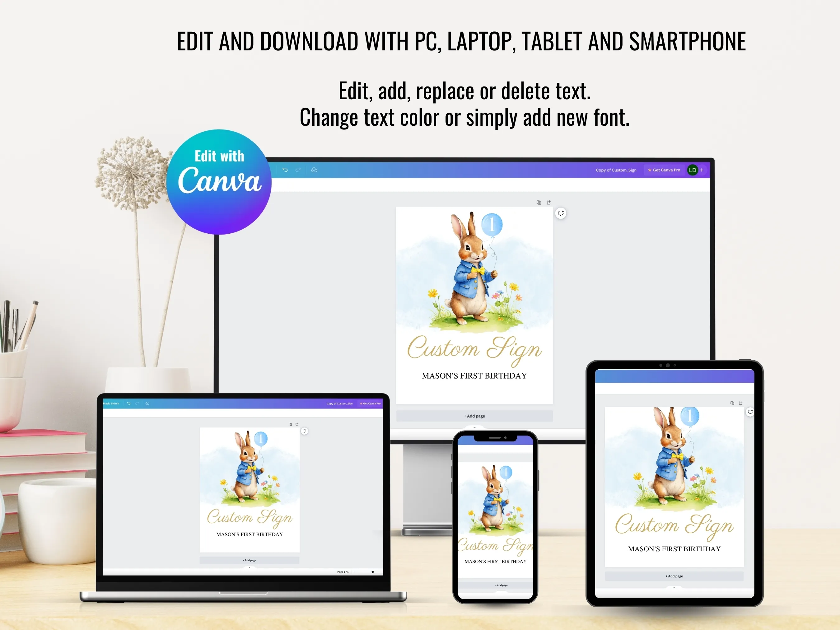 Peter Rabbit Custom Birthday Sign | Peter Rabbit Party Cards & Gifts Sign | Flopsy Bunny Dessert Table Sign | Editable Canva Template | Digital Download