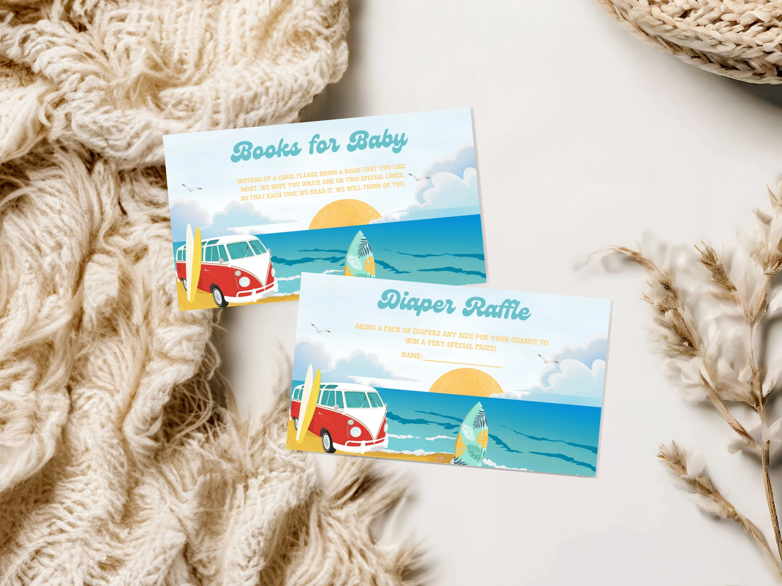 Baby On Board Baby Shower Diaper Raffle Card | Surf Books For Baby Card | Editable Canva Template | Digital Download