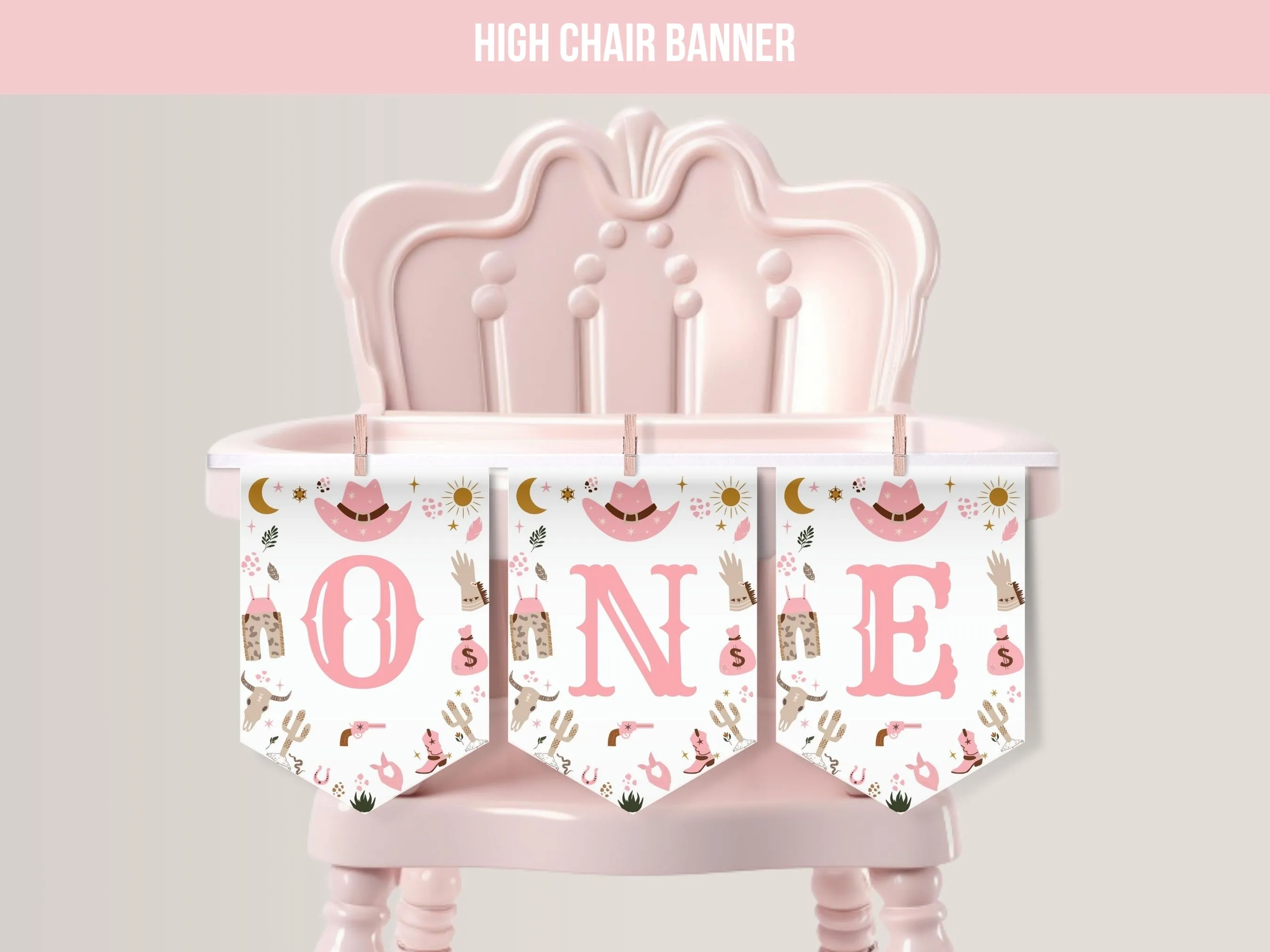 My First Rodeo birthday high chair banner with cowgirl western theme and ONE lettering, editable Canva template digital download by fllcdesigns