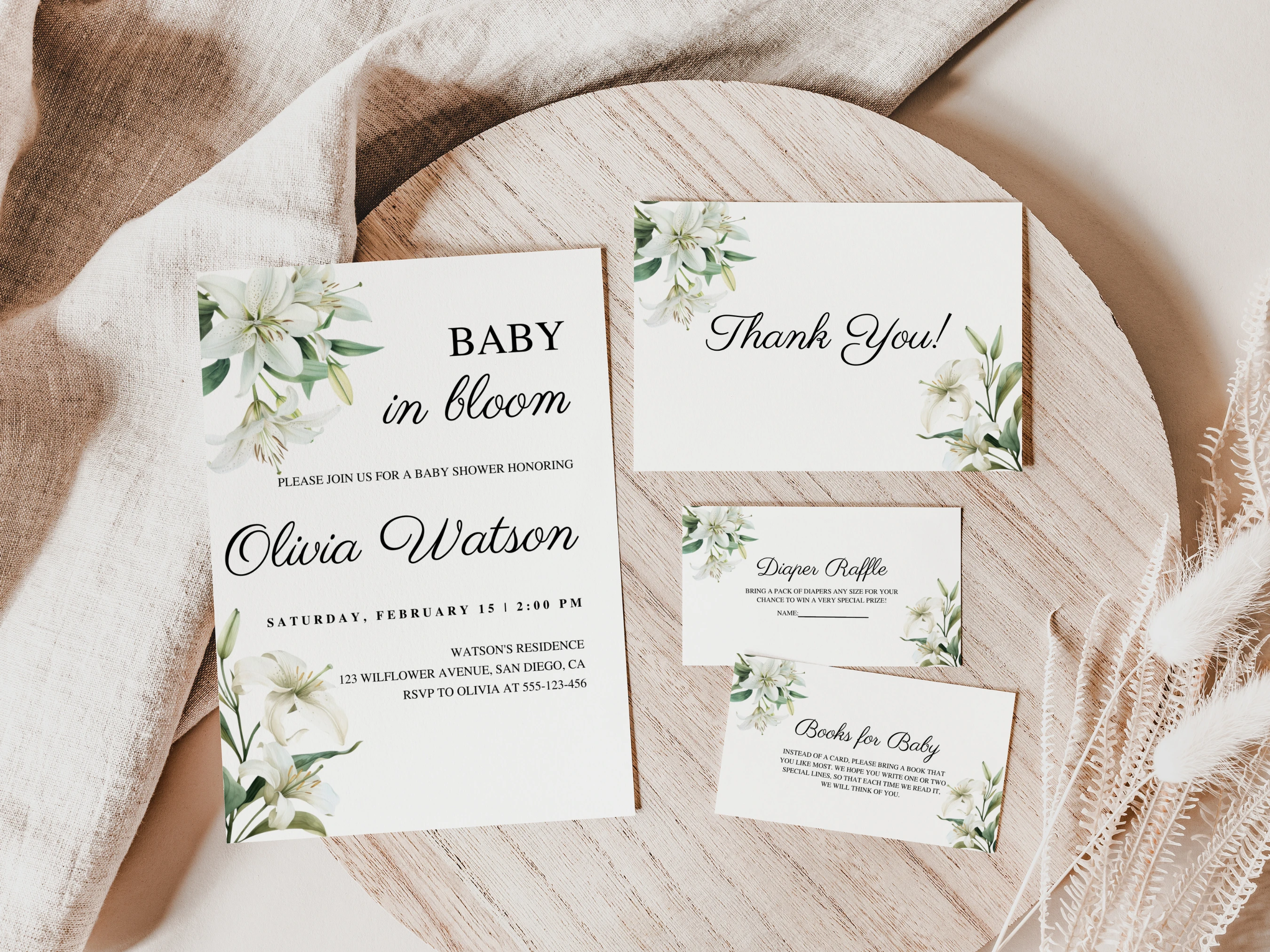 baby in bloom baby shower invitation set spring wildflower starter pack invite thank you cards diaper raffle books for baby canva template digital download, wildflower baby shower invitation bundle