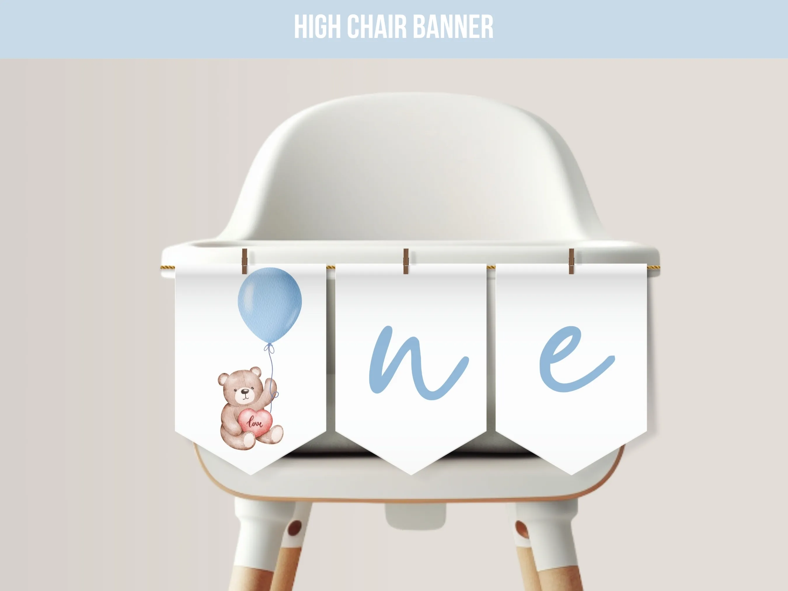 Cute teddy bear birthday high chair banner with ONE lettering for a Beary First Birthday, editable Canva template digital download by fllcdesigns