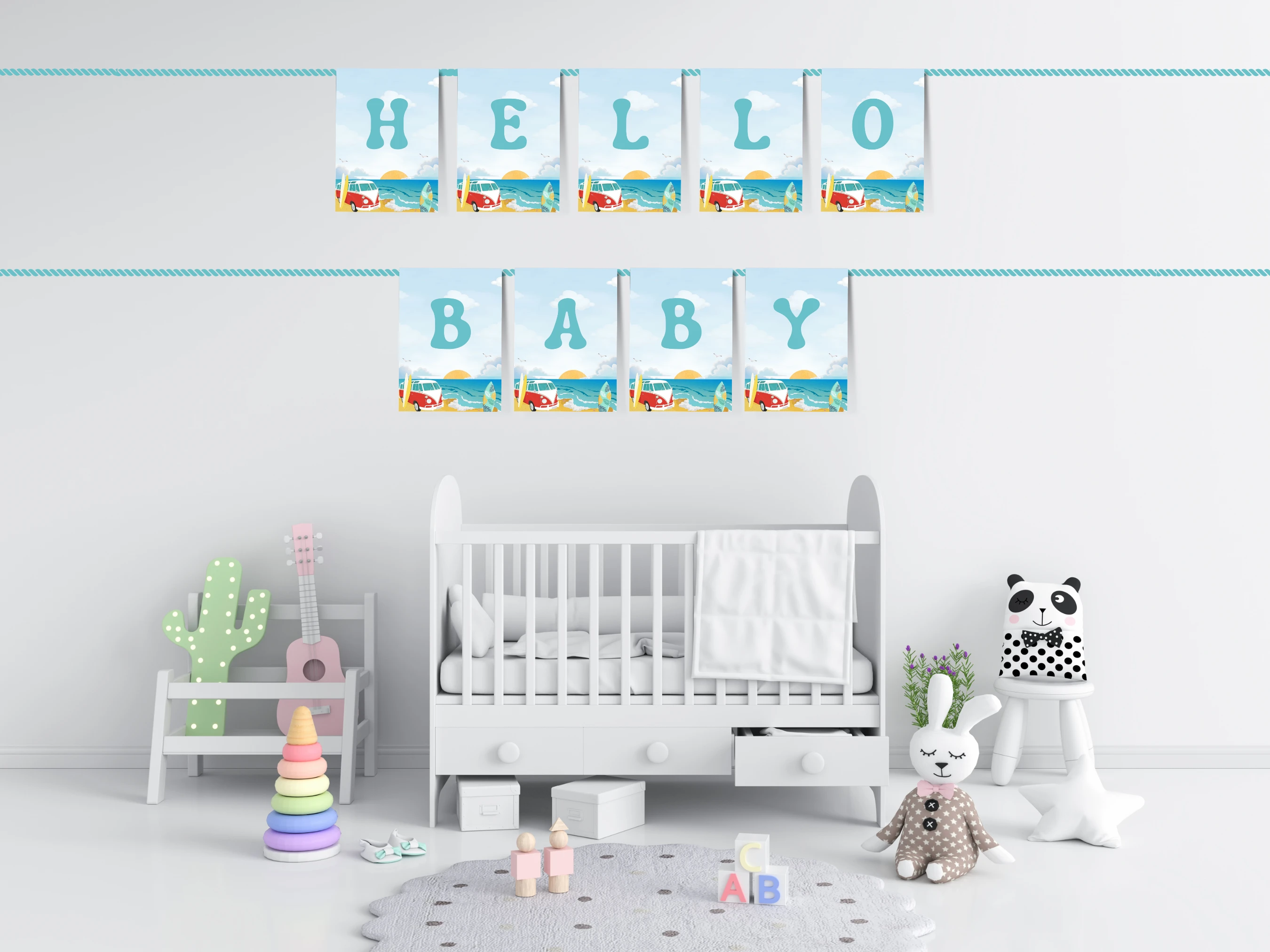 baby on board baby shower banner, ocean baby shower welcome garland, tropical baby shower bunting, beach baby shower garland printable, editable baby shower banner Canva
