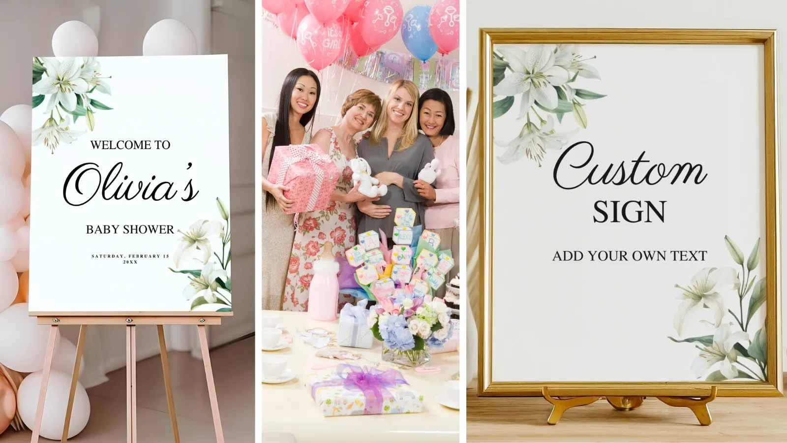 Baby shower bundles with invitations, signs, boards, posters and matching party essentials, editable Canva templates for printable baby shower decorations and digital downloads.