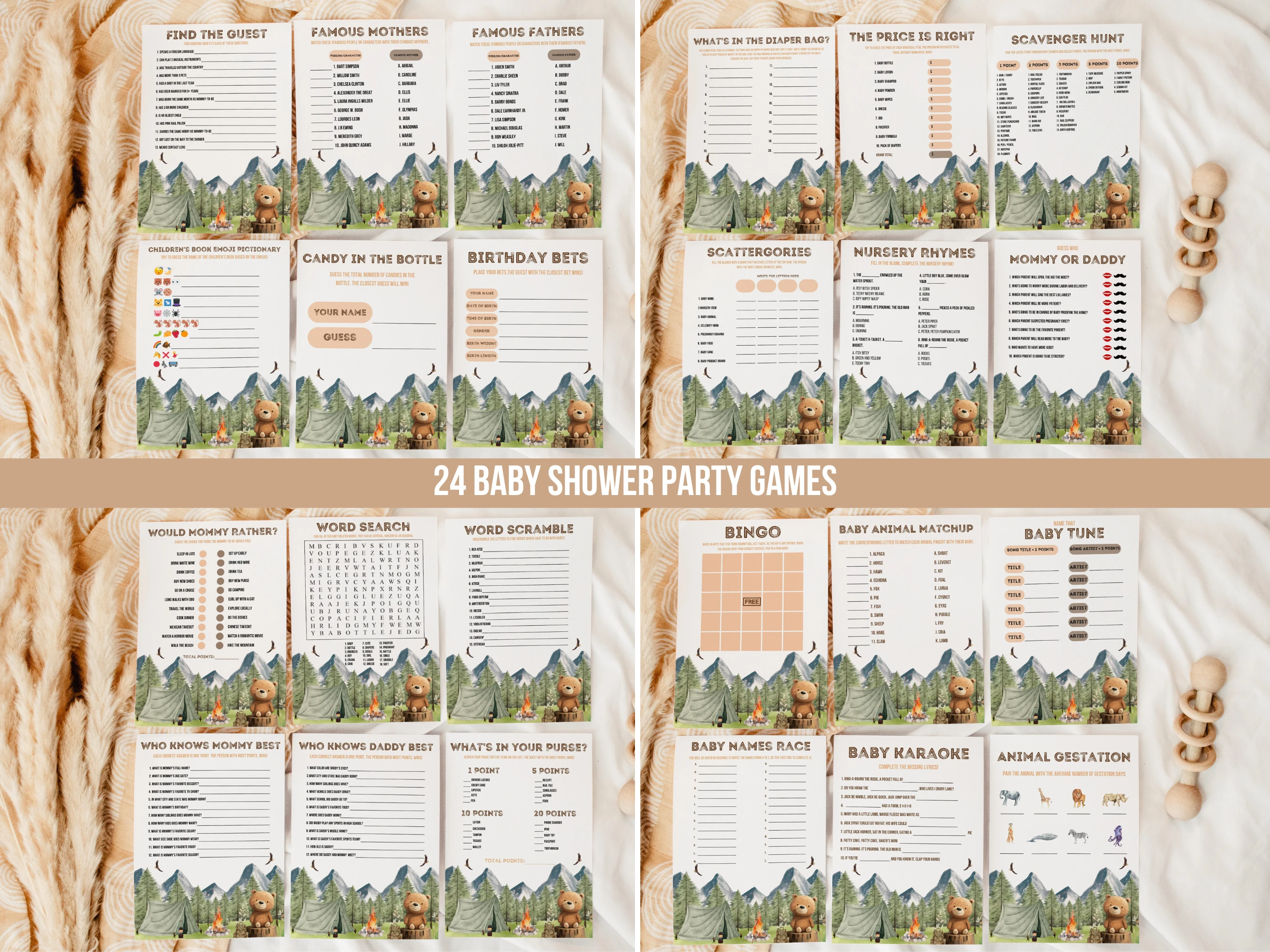 Little Camper Baby Shower Games Bundle | Woodland Baby Shower Bingo Printable Games | Adventure Awaits Baby Shower Party Games | Editable Canva Template | Digital Download