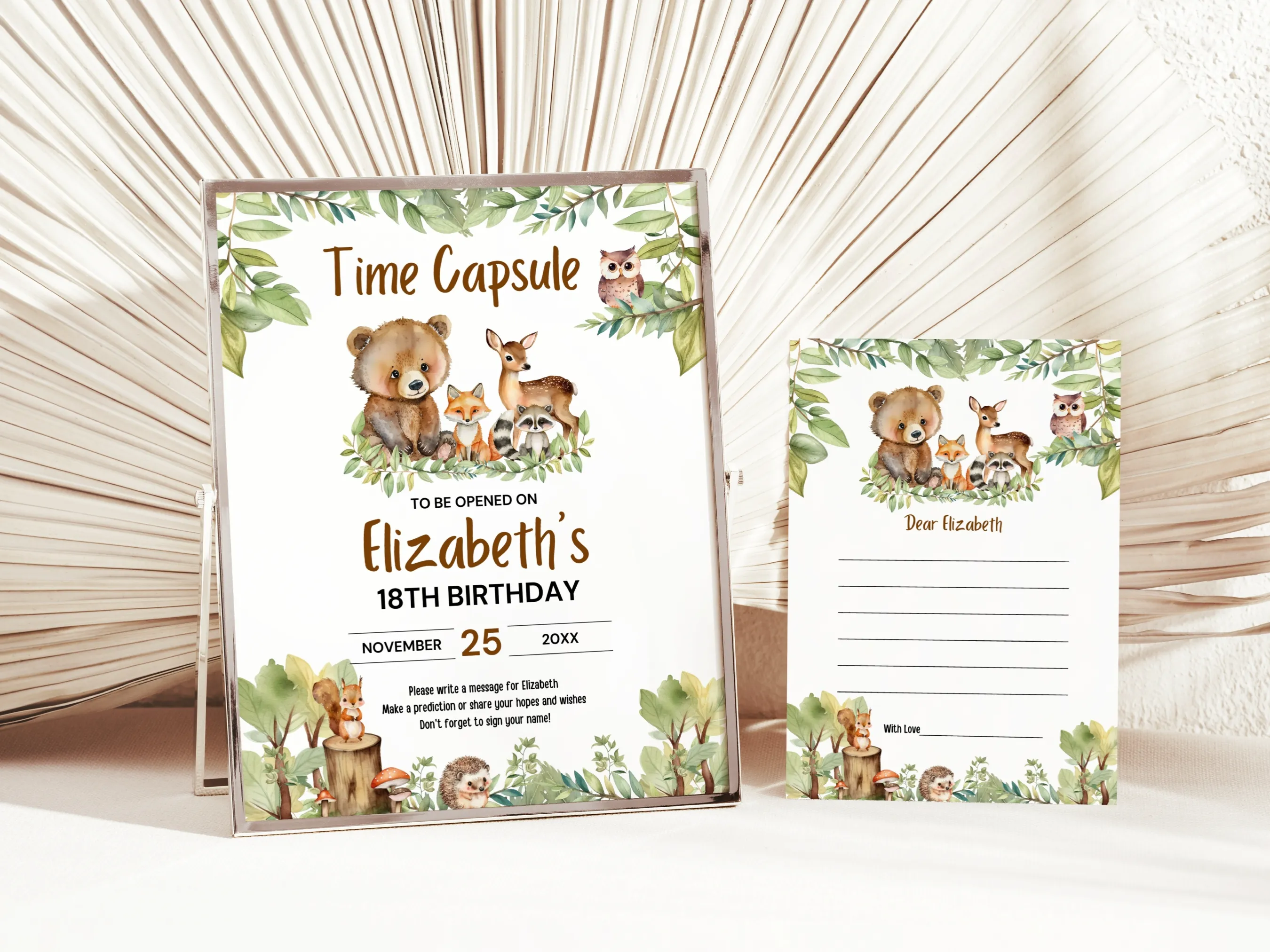 “Woodland animals birthday time capsule sign and wishes card, wild one themed birthday guest book, editable Canva template digital download.”