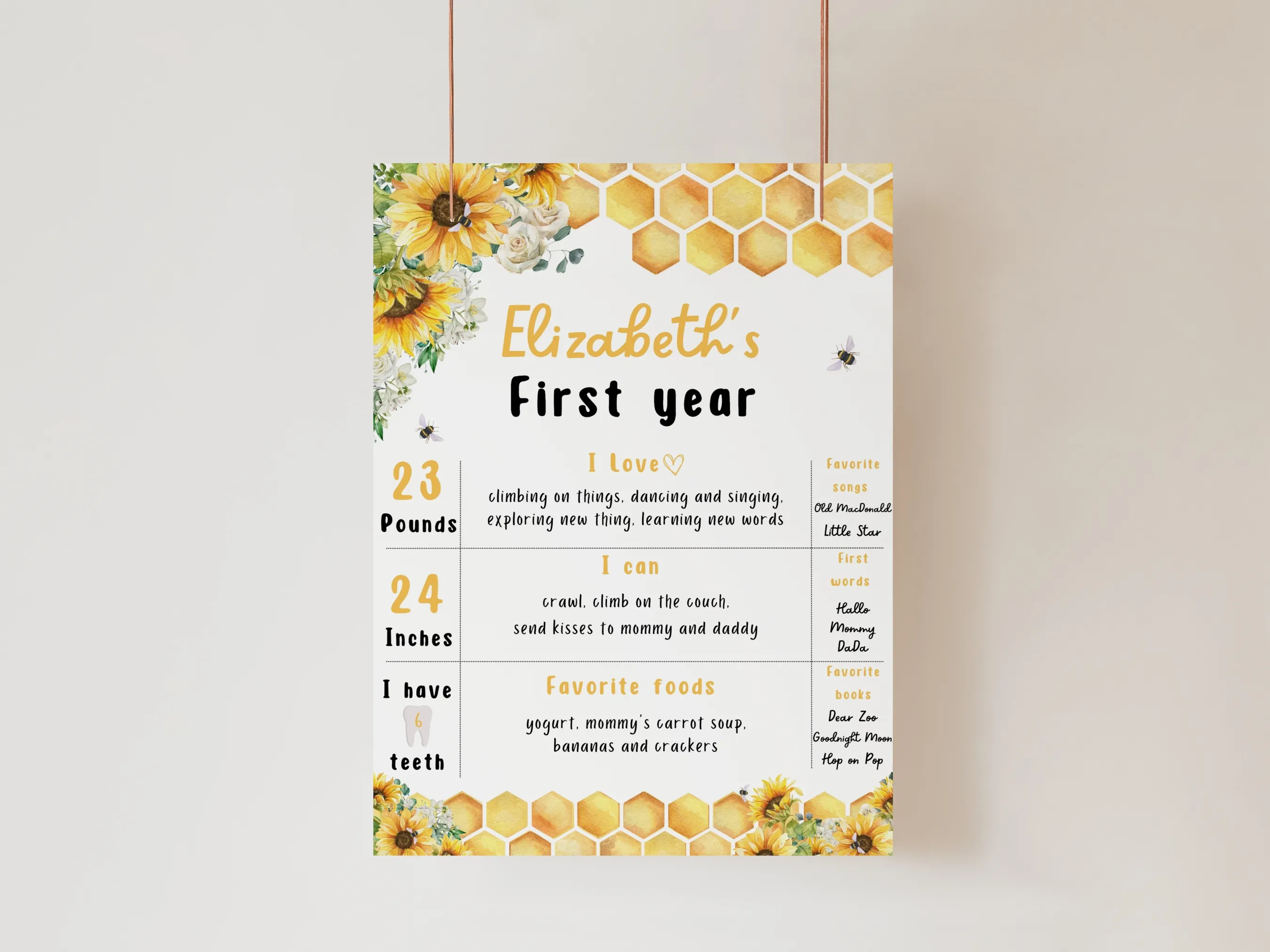 Sunflower bee milestone board and honey bee baby milestone sign for a First Bee Day birthday, editable Canva template digital download by fllcdesigns