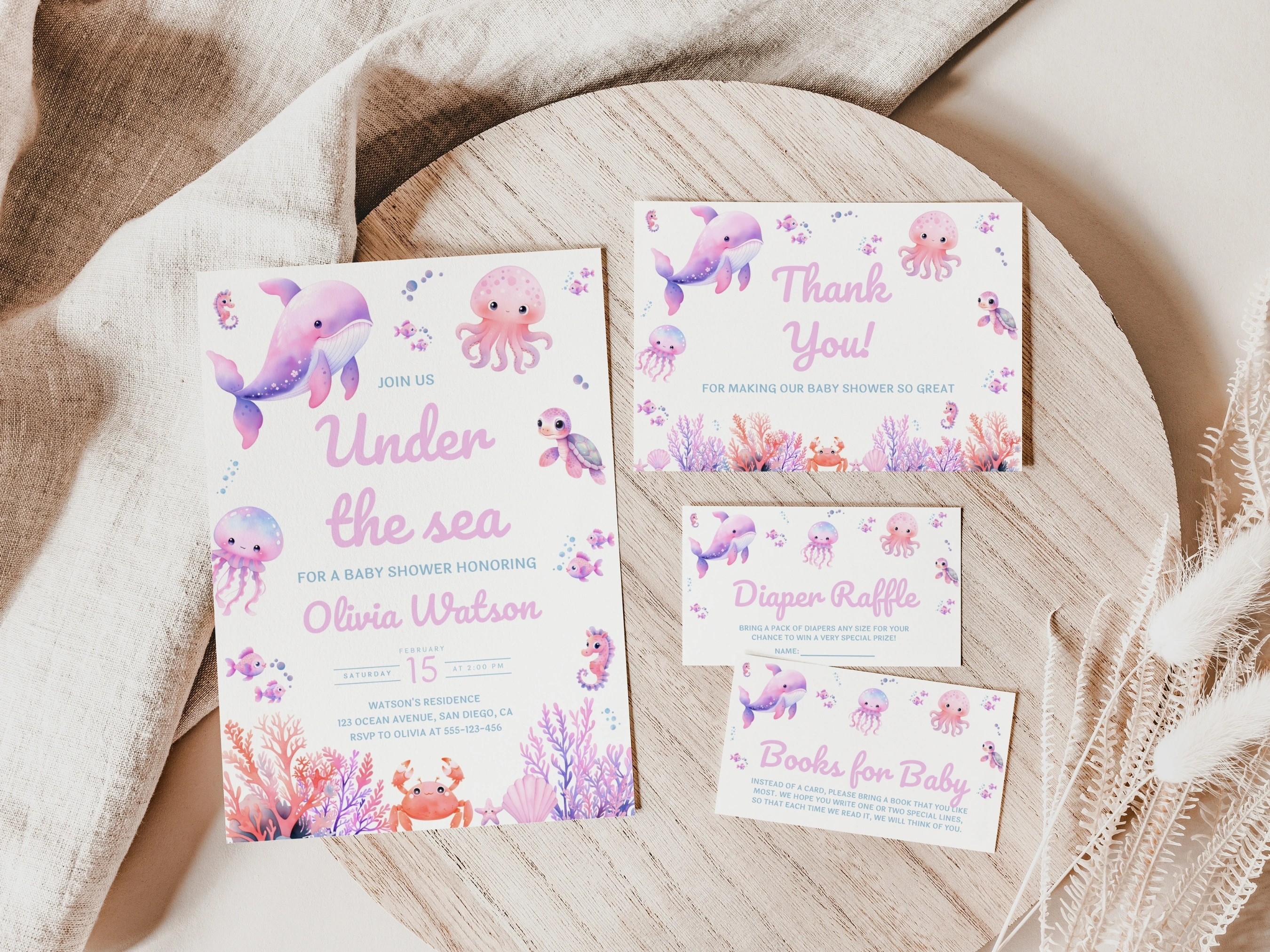 under the sea baby shower invitation set ocean animals pink starter pack baby girl invite thank you cards diaper raffle books for baby canva template digital download, ocean animals baby shower invitation bundle