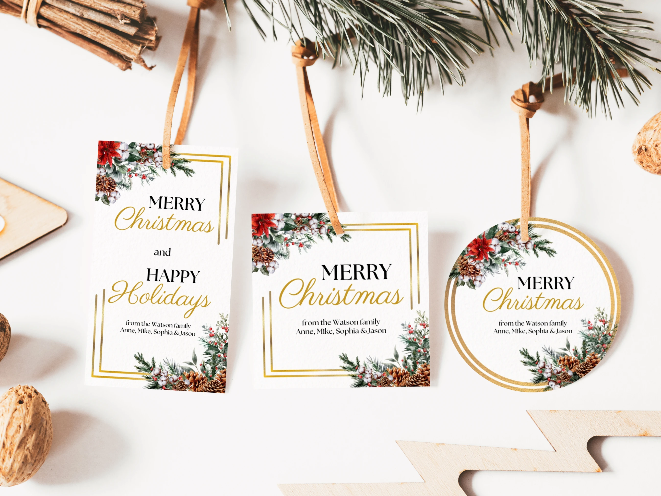 Rectangular, square and round Merry Christmas gift tags with golden frames, festive greenery, red berries, pinecones and personalized family text