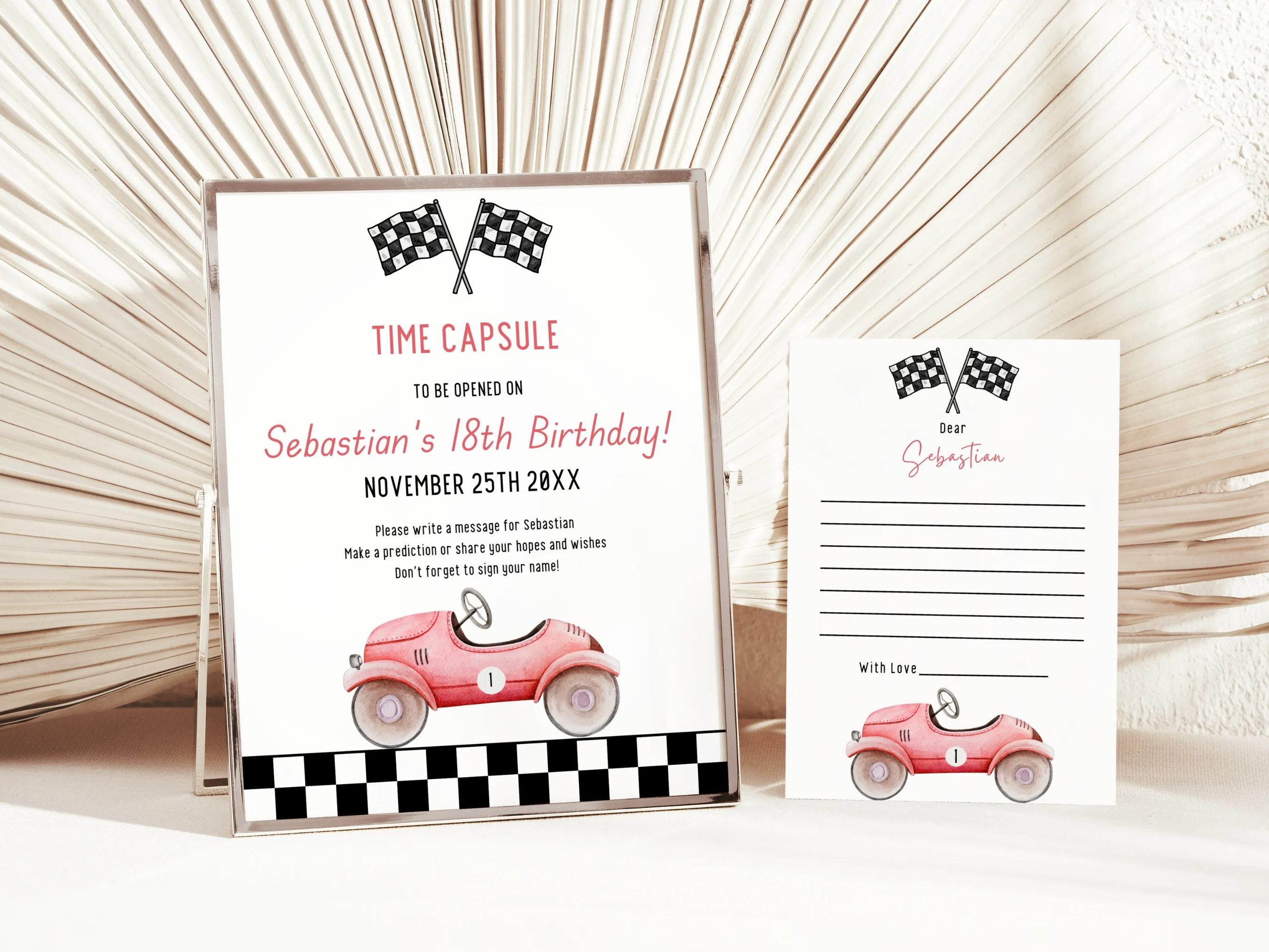 Fast One birthday time capsule sign and message cards with red vintage race car theme, editable Canva template for a 1st birthday guest book, digital download.