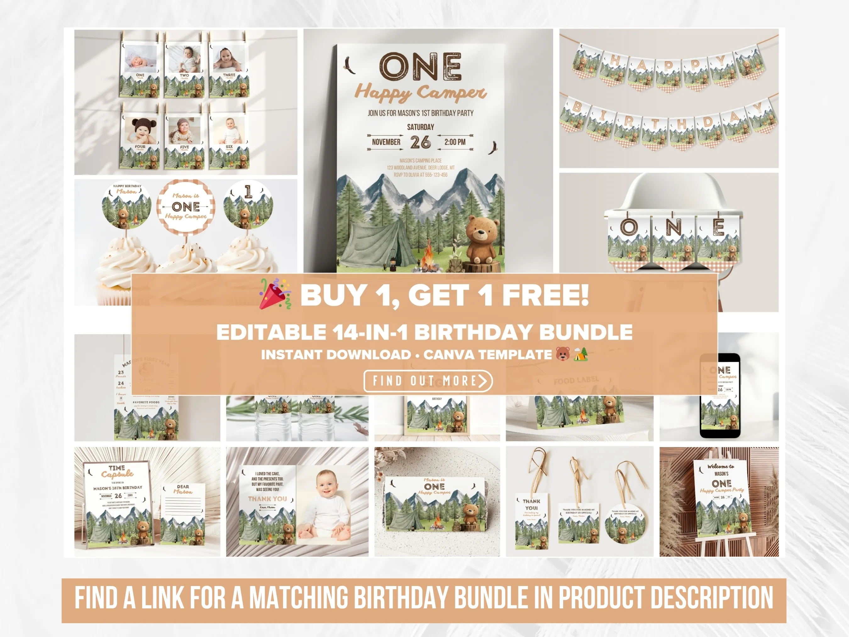 One Happy Camper 1st Birthday Mobile Invitation | Woodland Camping Evite | Editable Canva Template | Digital Download