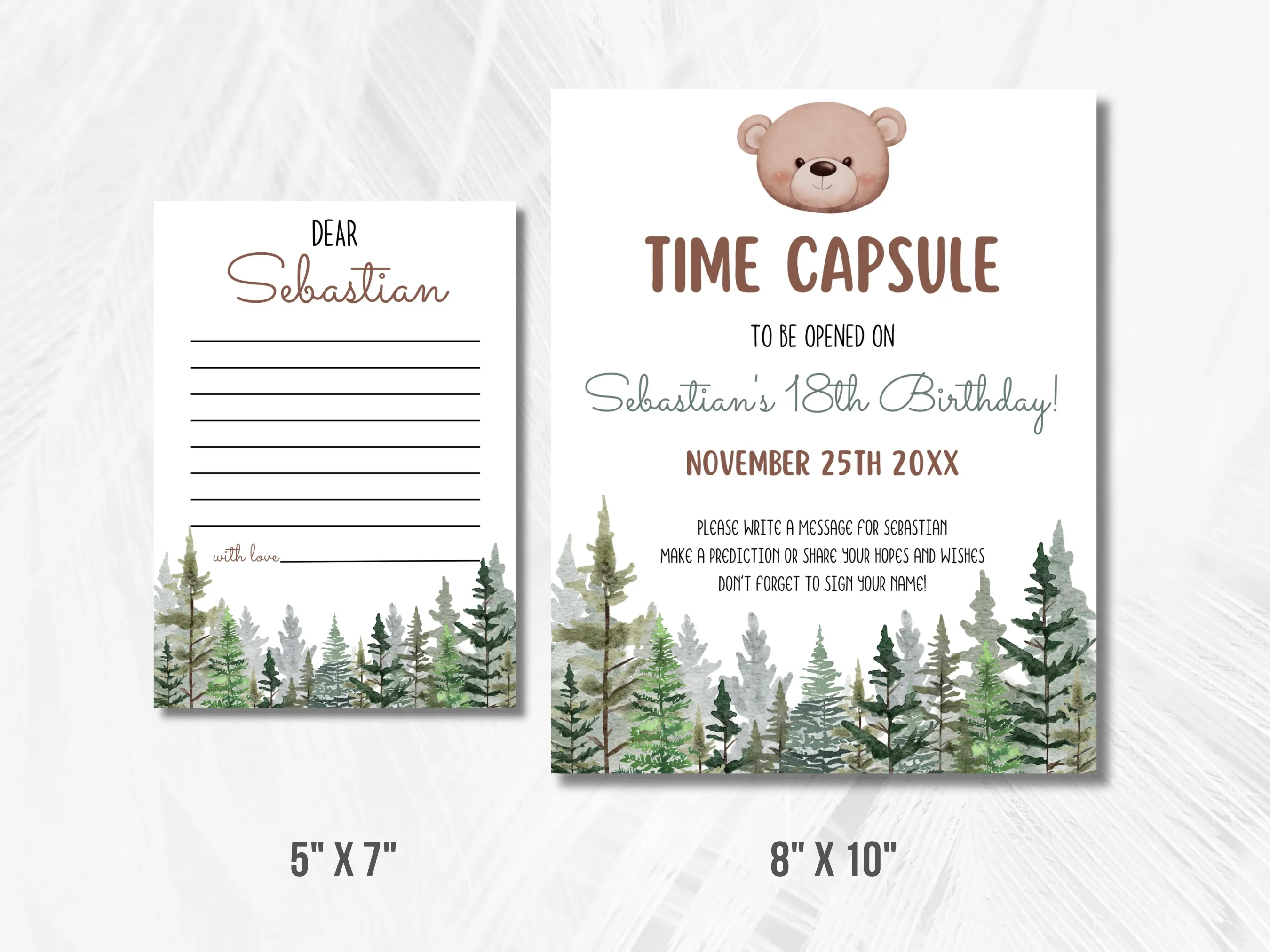Woodland Bear 1st Birthday Time Capsule Sign & Wishes Card | Brown Bear Birthday Guest Book | Editable Canva Template | Digital Download